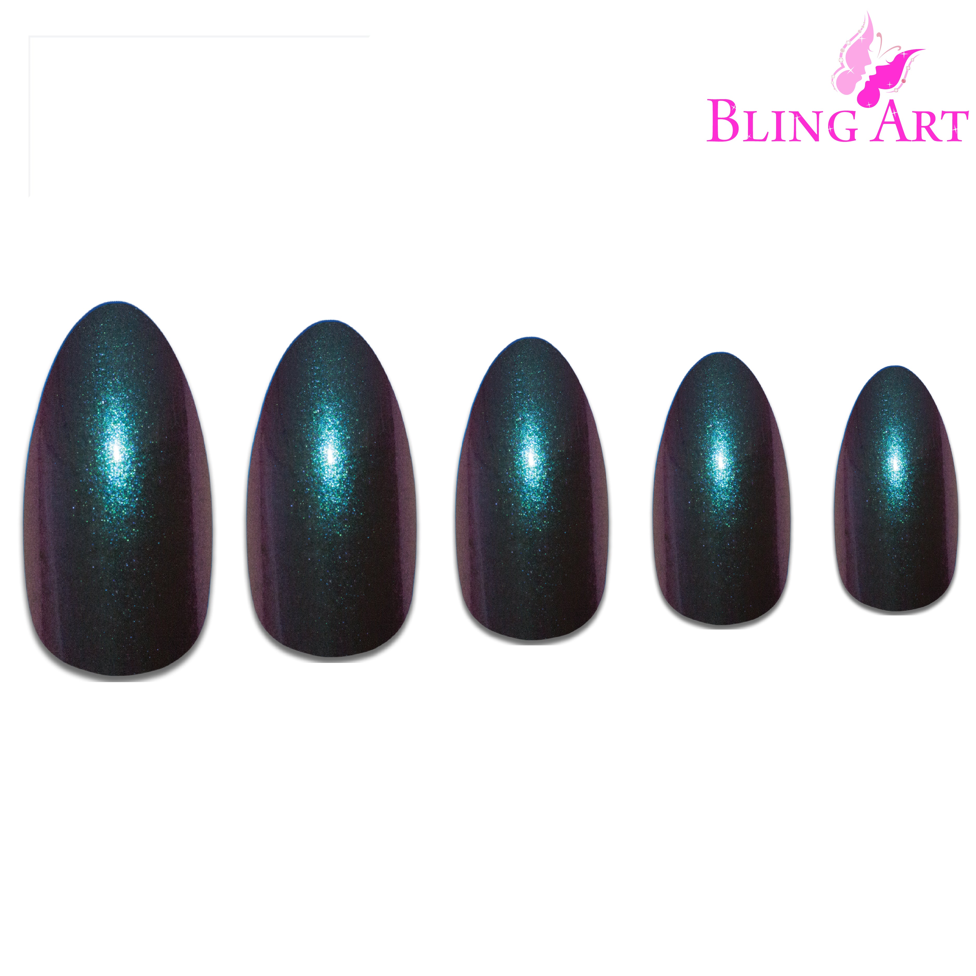 Green Purple chameleon almond stiletto Bling Art press-on nails — full-hand reveal showing all 24 nails for festivals and editorial events.
