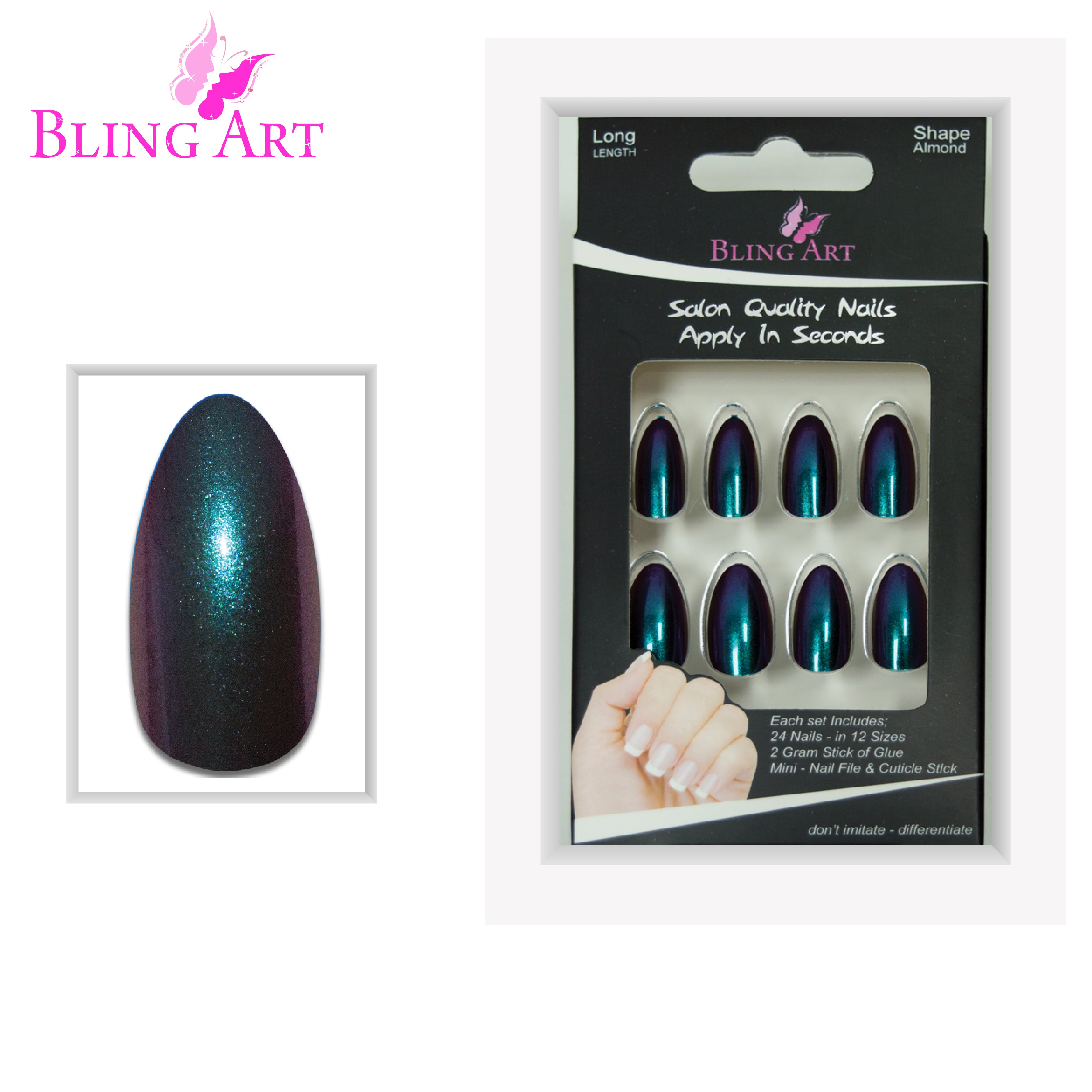 Green Purple chameleon almond stiletto Bling Art press-on nails — lifestyle context shot showing the bold colour-shifting effect.