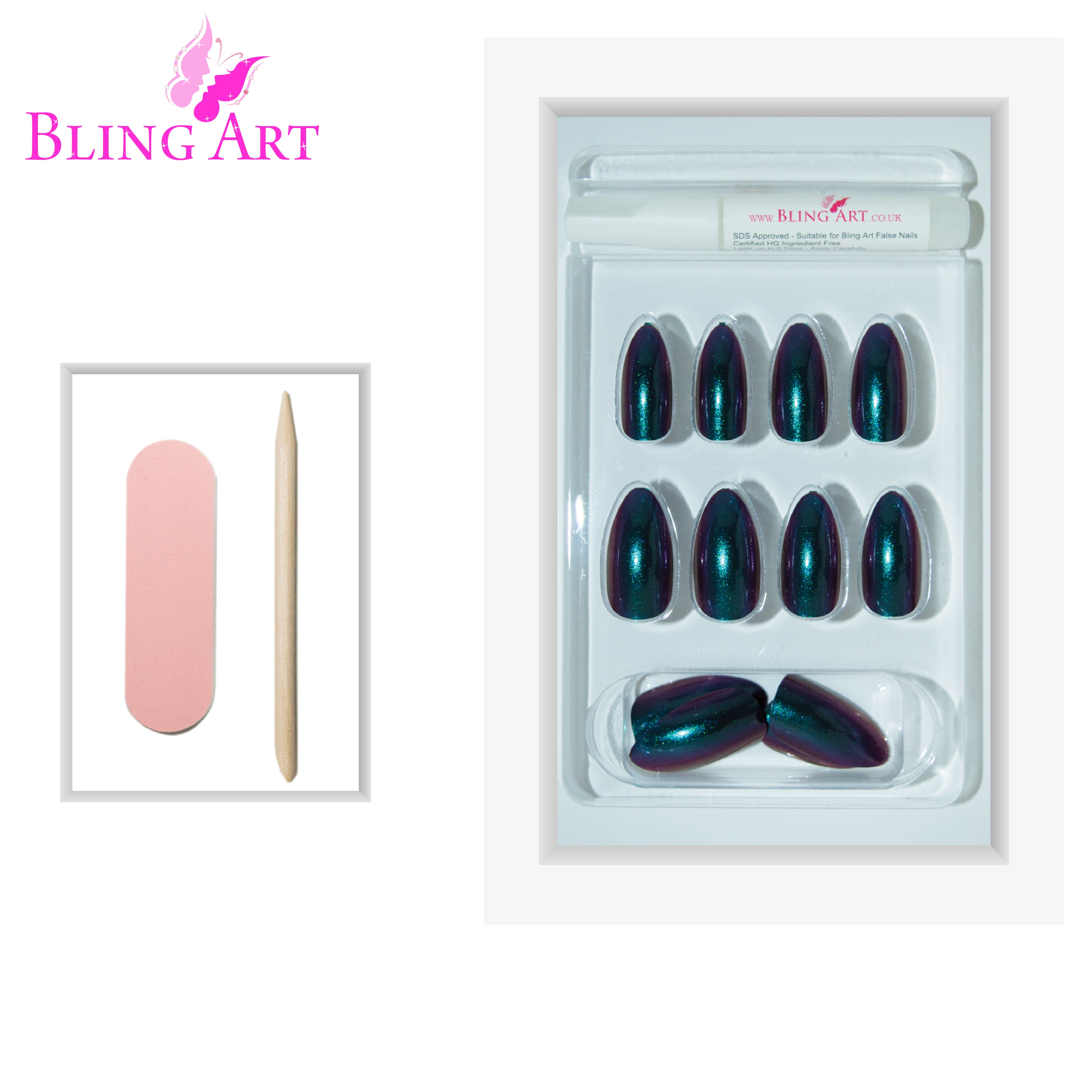 Green Purple chameleon almond stiletto Bling Art press-on nails — worn-hand close-up showing the green-to-purple colour shift on long pointed almond stiletto tips. Almond = Stiletto (same shape).
