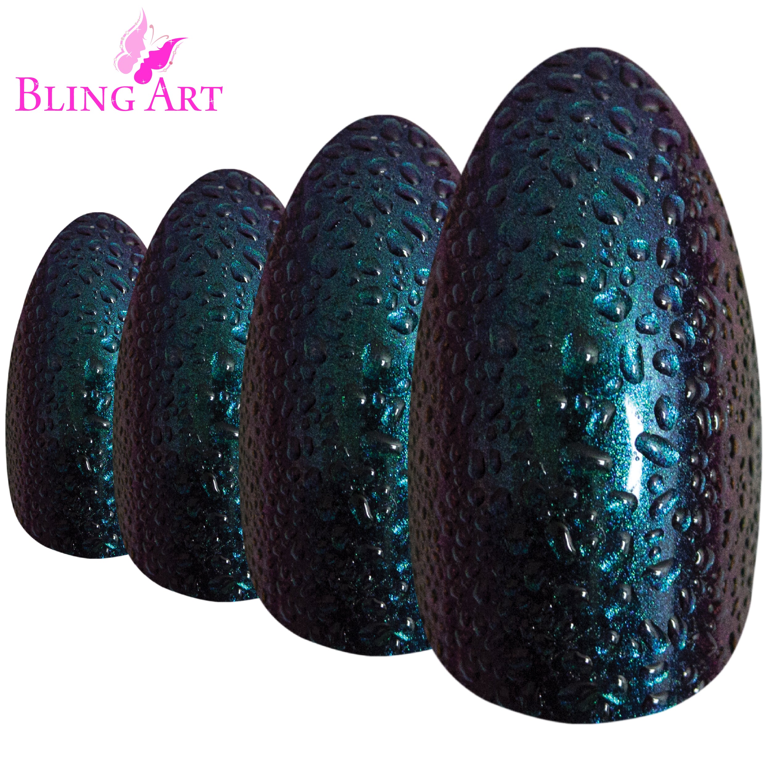 Green Purple Water almond stiletto long press-on false nails by Bling Art — bold creative watercolour design for festivals, parties and Halloween. 24 nails, 12 sizes XS-XXL, no UV lamp. Designed in Yorkshire UK. Almond = Stiletto (same shape).