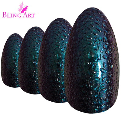 Green Purple Water almond stiletto long press-on false nails by Bling Art — bold creative watercolour design for festivals, parties and Halloween. 24 nails, 12 sizes XS-XXL, no UV lamp. Designed in Yorkshire UK. Almond = Stiletto (same shape).
