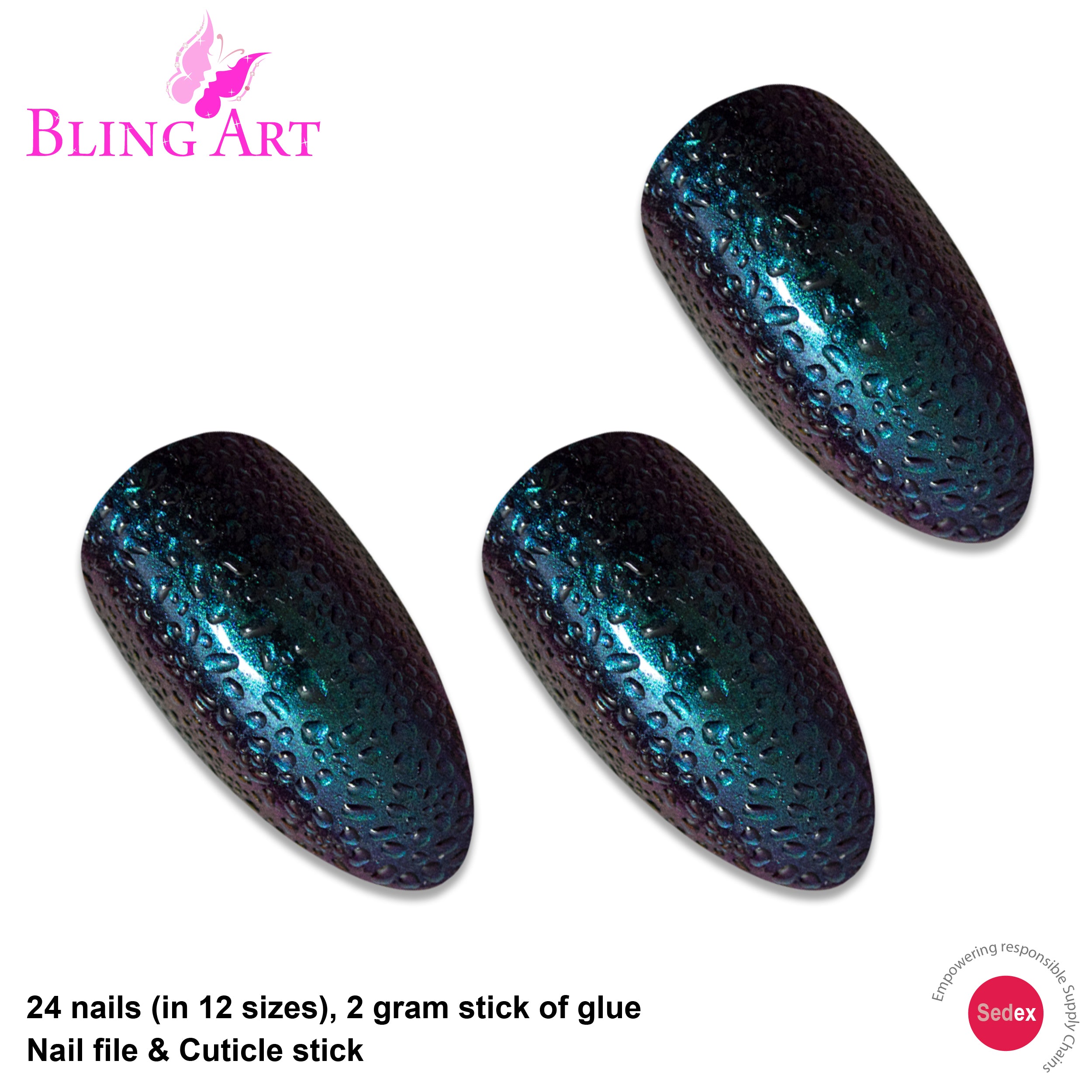Bling Art Green Purple Water almond stiletto press-on nail set packaging — 24 nails, 12 sizes XS-XXL, file and cuticle stick included. Glue not included.