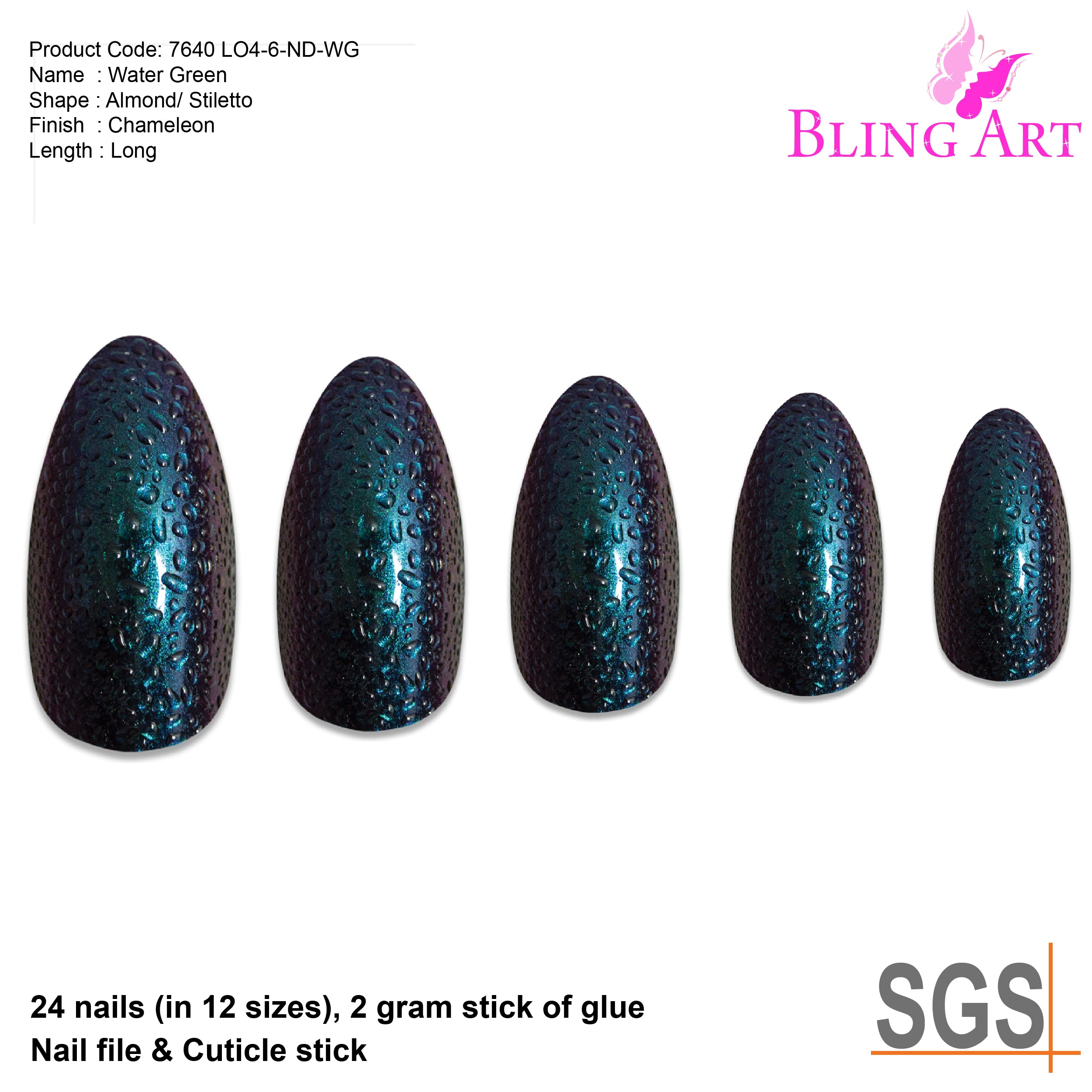 Green Purple Water almond stiletto Bling Art press-on nails — full-hand reveal showing all 24 nails for festivals and editorial events.
