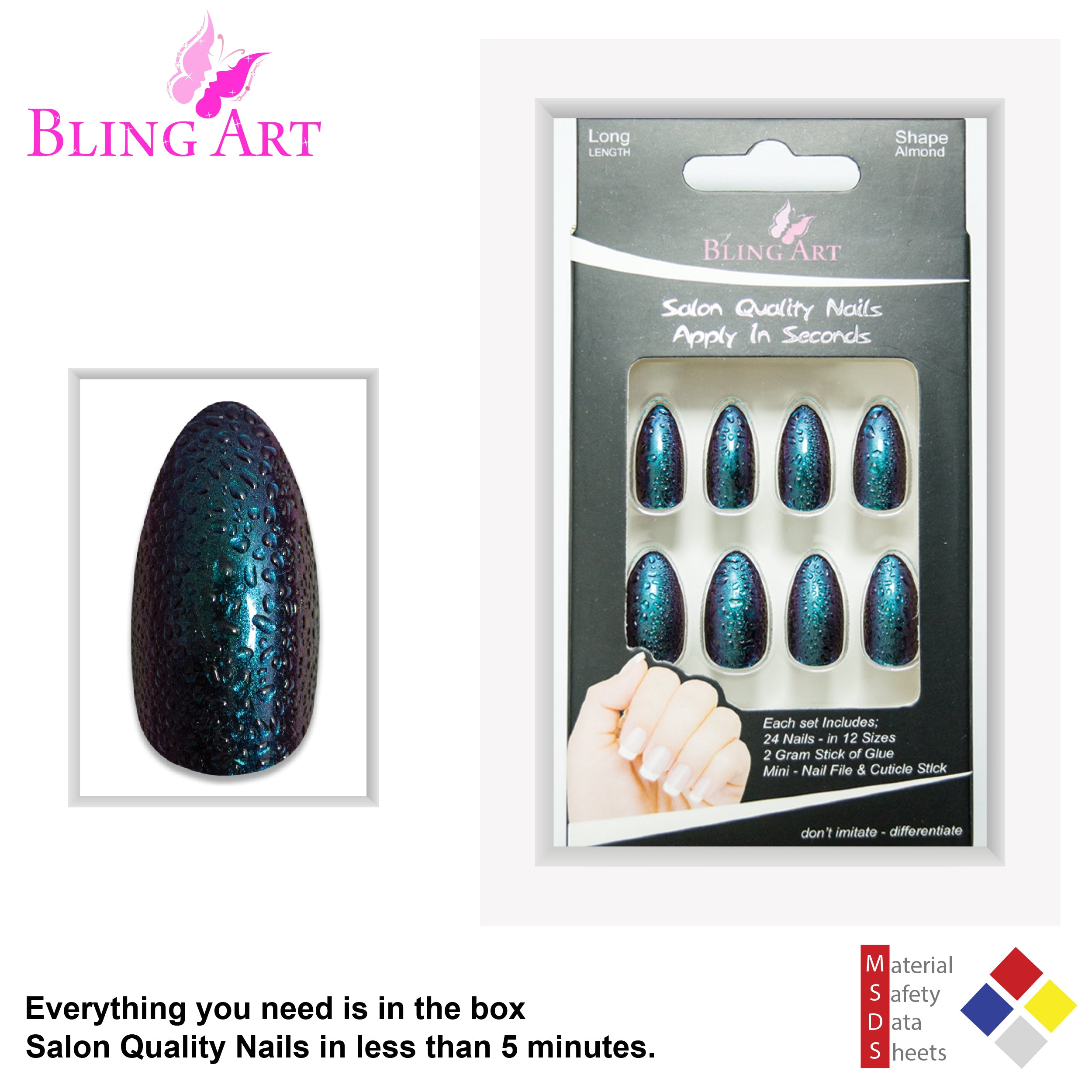 Green Purple Water almond stiletto Bling Art press-on nails — alternative angle revealing the watercolour pattern on the long almond stiletto shape.