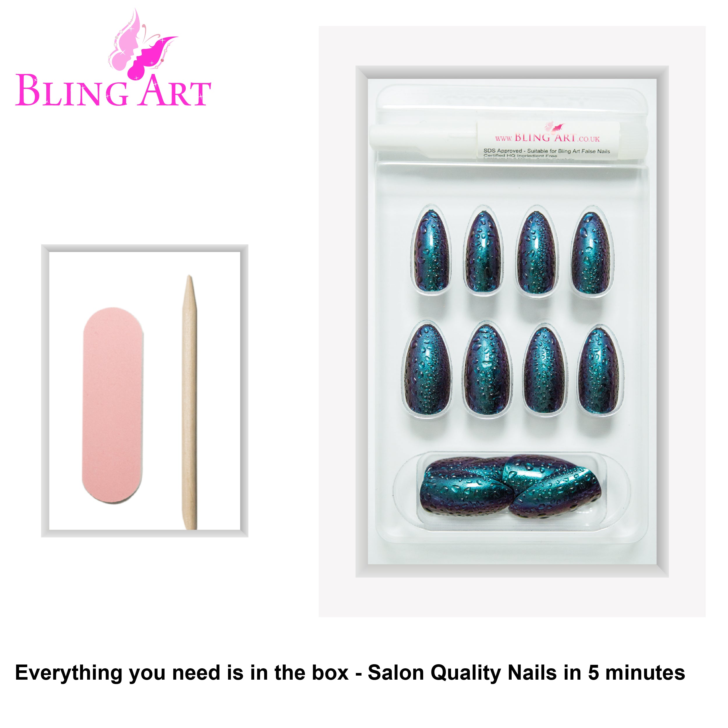 Green Purple Water almond stiletto Bling Art press-on nails — worn-hand close-up showing the watercolour blend on long pointed almond stiletto tips.