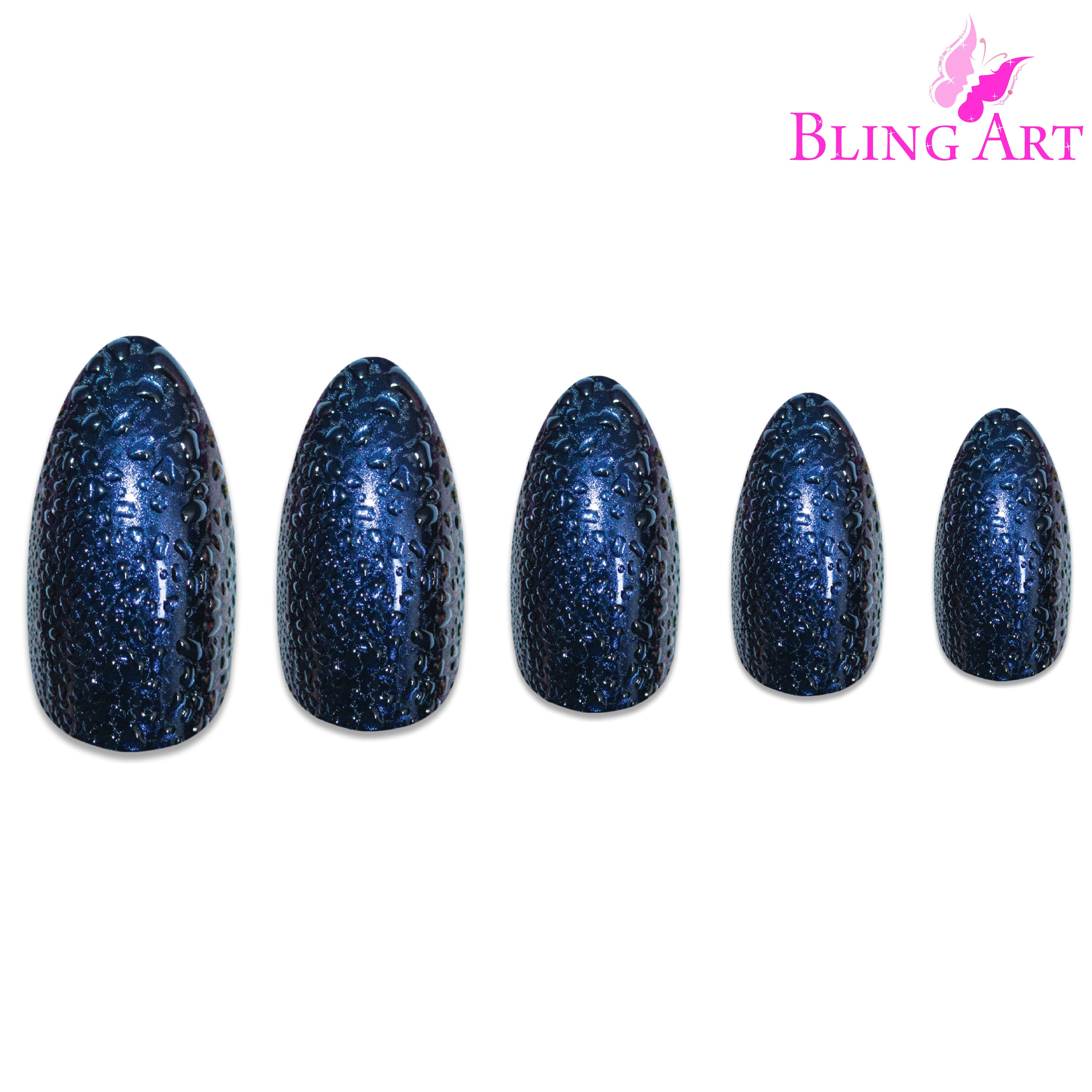 Blue Purple Water almond stiletto Bling Art press-on nails — alternative angle revealing the watercolour pattern on the long almond stiletto shape.