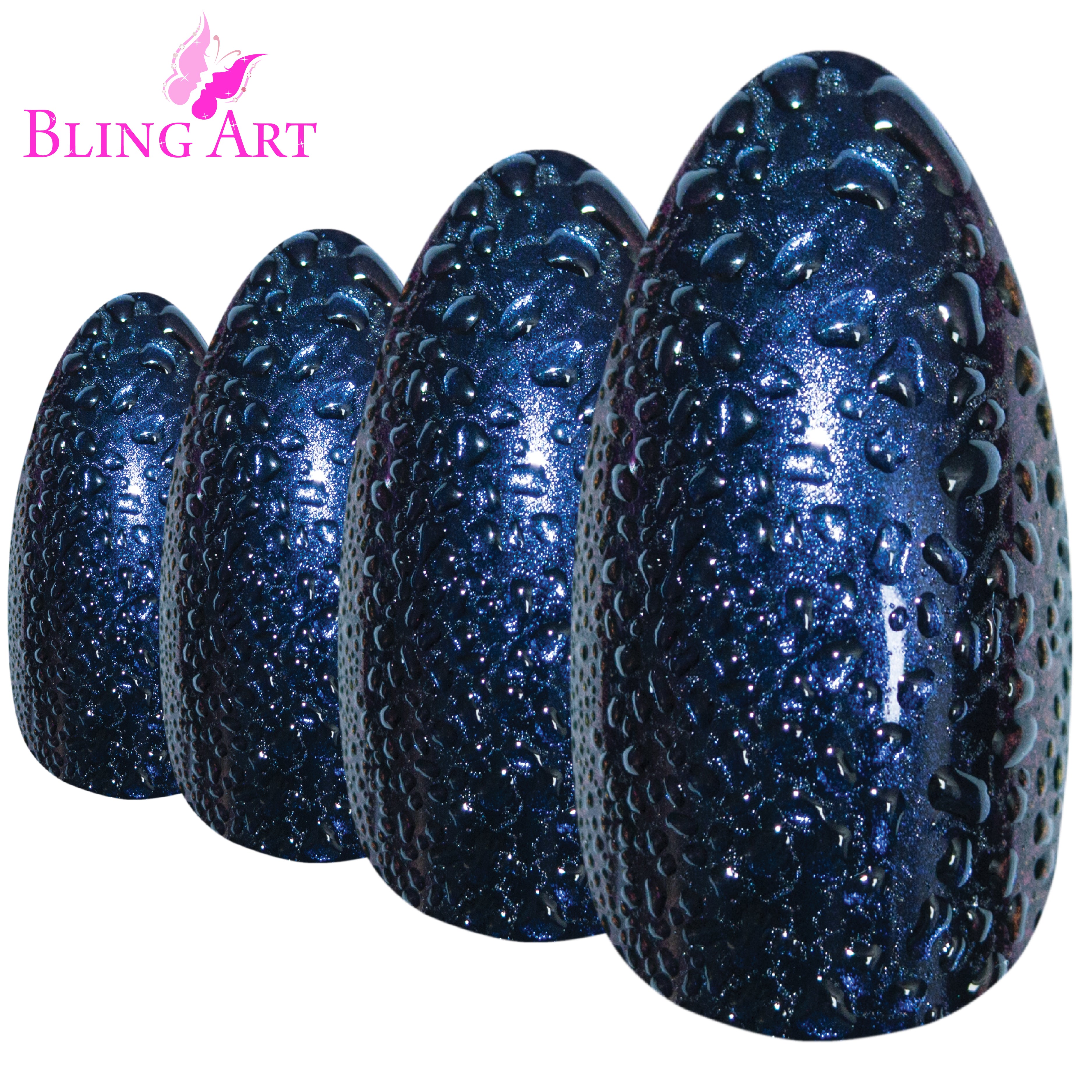 Bling Art Blue Purple Water almond stiletto press-on nail set packaging — 24 nails, 12 sizes XS-XXL, file and cuticle stick included. Glue not included.