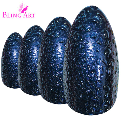 Blue-purple watercolour-effect almond stiletto long press-on false nails by Bling Art — artistic statement for festivals, parties, and editorial events · watercolour-style blue-to-purple design · long almond stiletto tips · 24 nails per set with adhesive · designed in Yorkshire