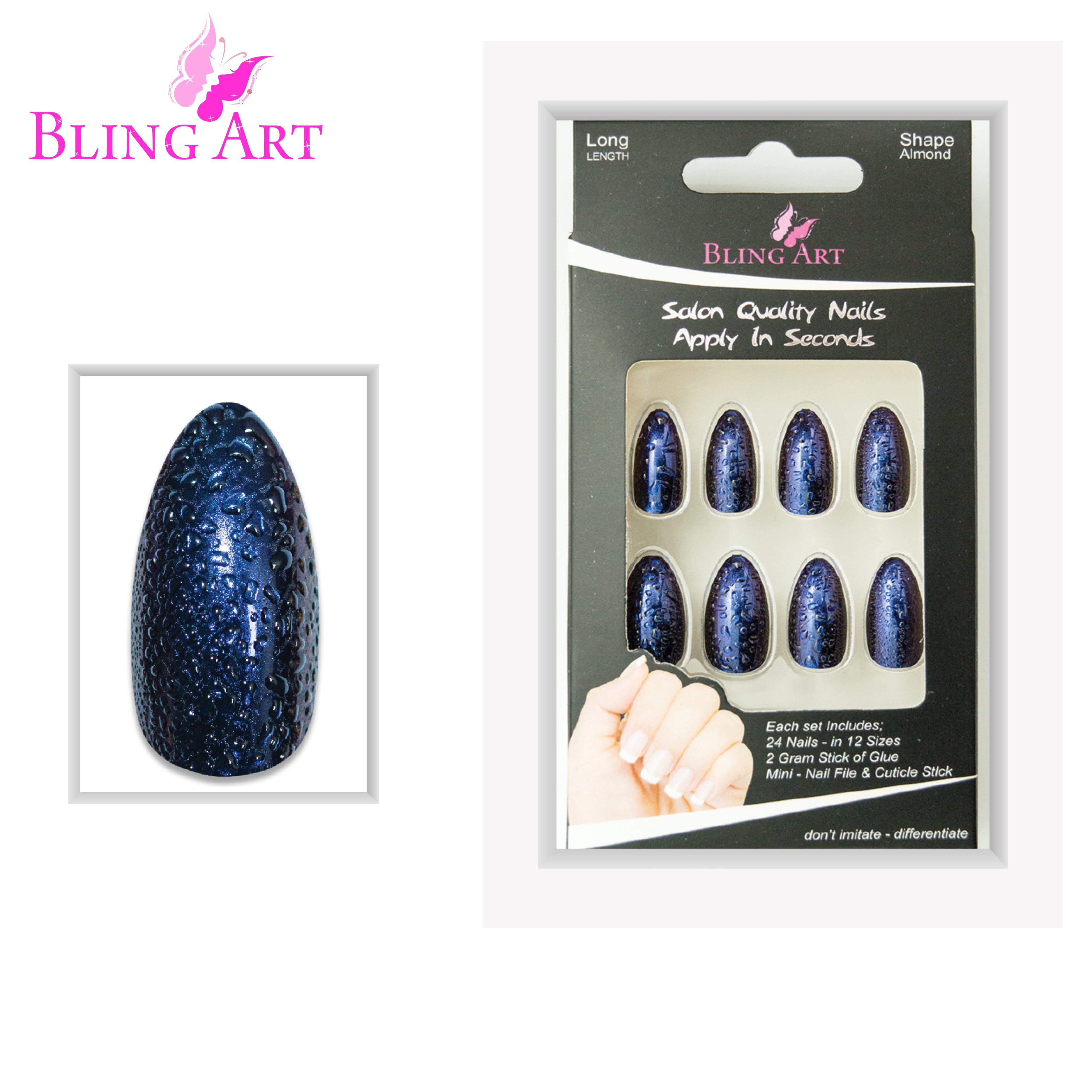 Blue Purple Water almond stiletto Bling Art press-on nails — full-hand reveal showing all 24 nails for festivals and editorial events.