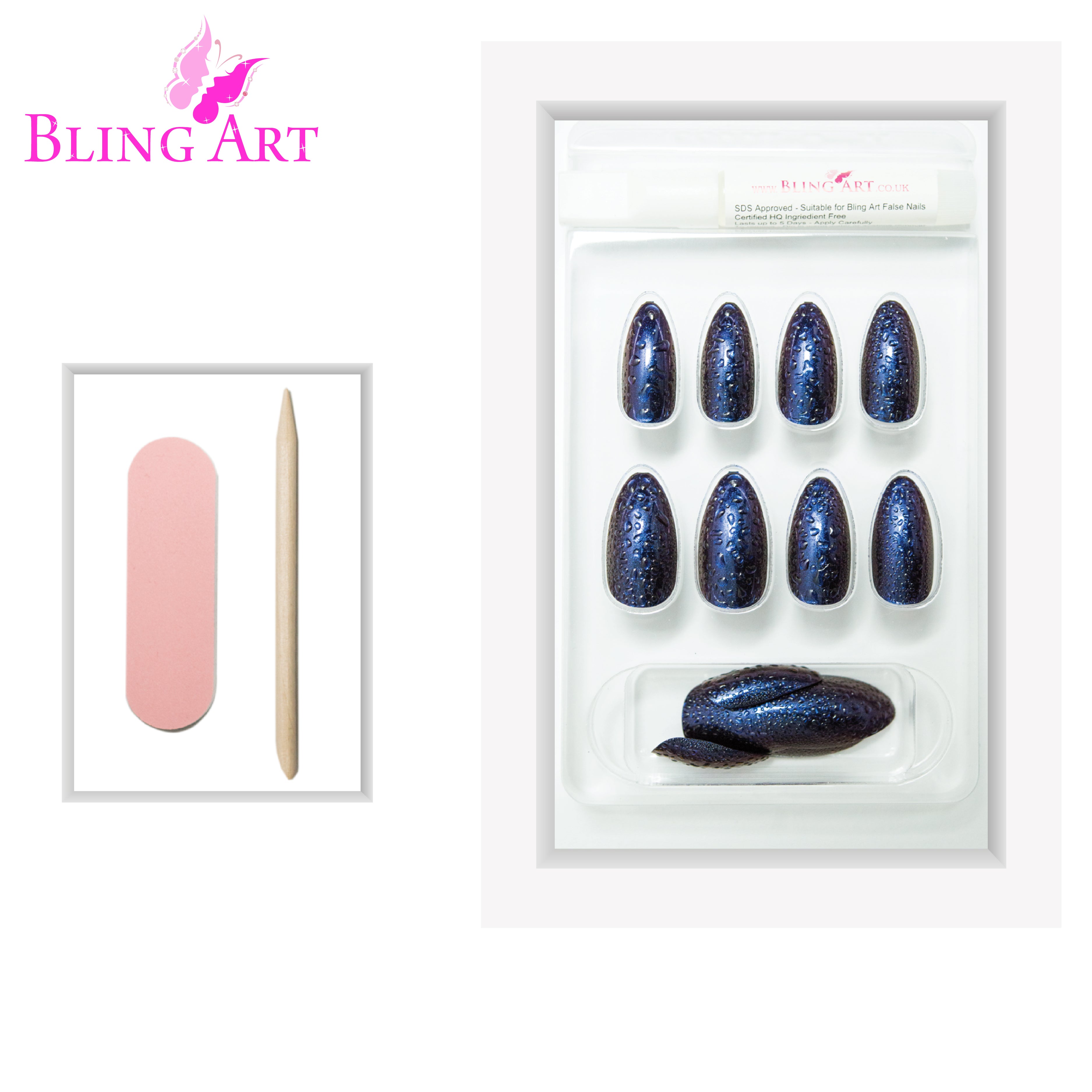 Blue Purple Water almond stiletto Bling Art press-on nails — lifestyle context shot showing the artistic watercolour blend.