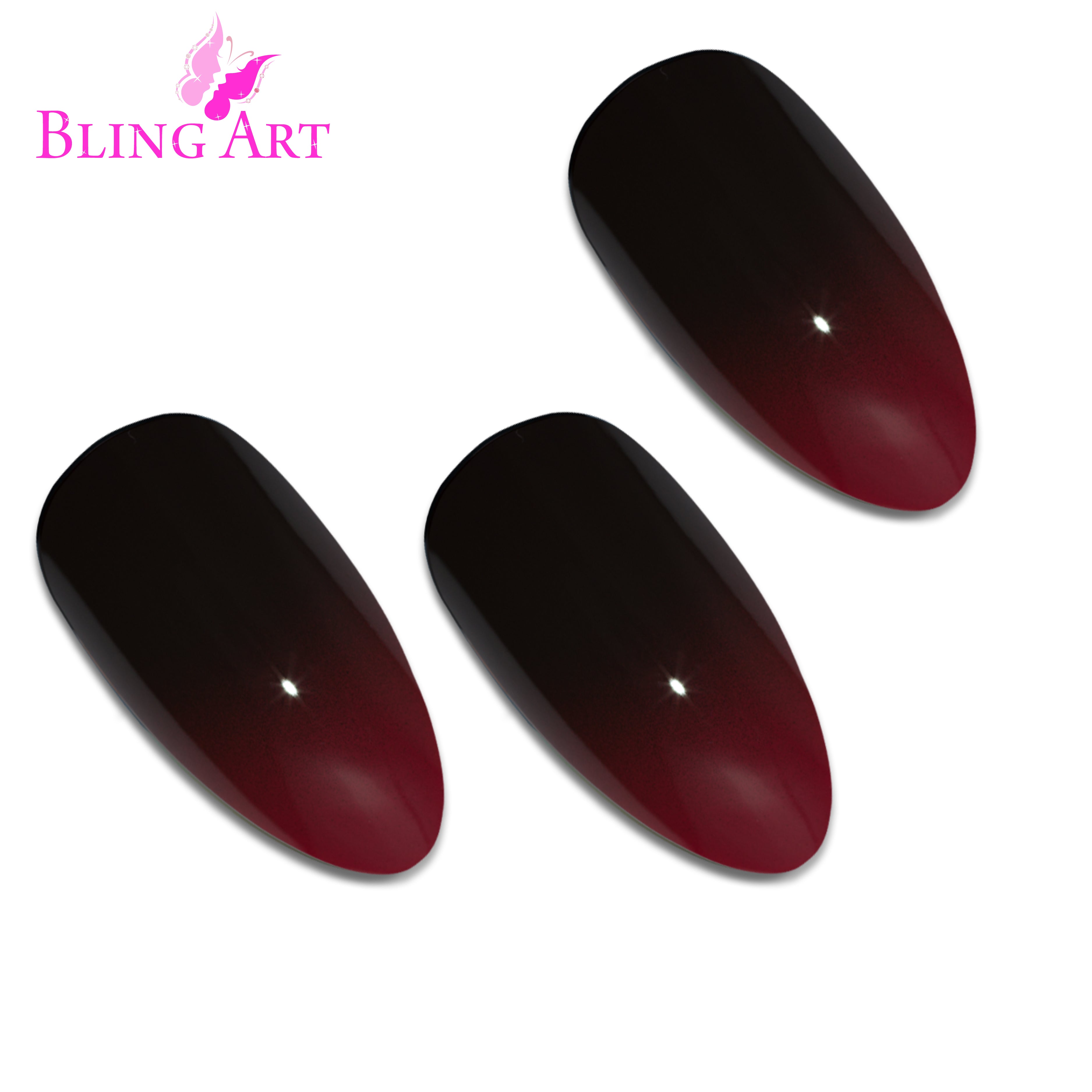 Red Black almond stiletto Bling Art press-on nails — alternative angle revealing the two-tone bond line on the long almond stiletto shape.