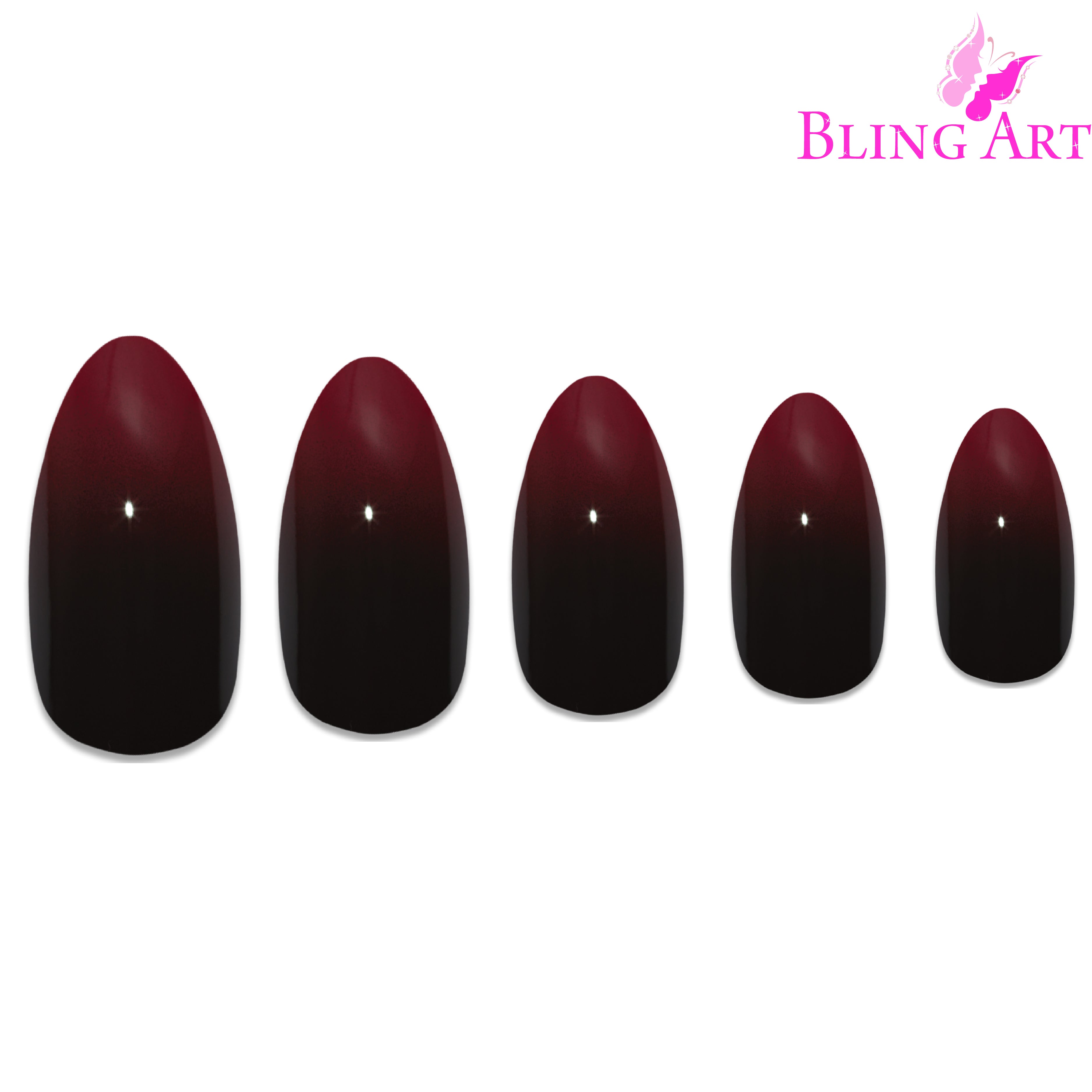 Red Black almond stiletto Bling Art press-on nails — full-hand reveal showing all 24 nails for parties and date nights.
