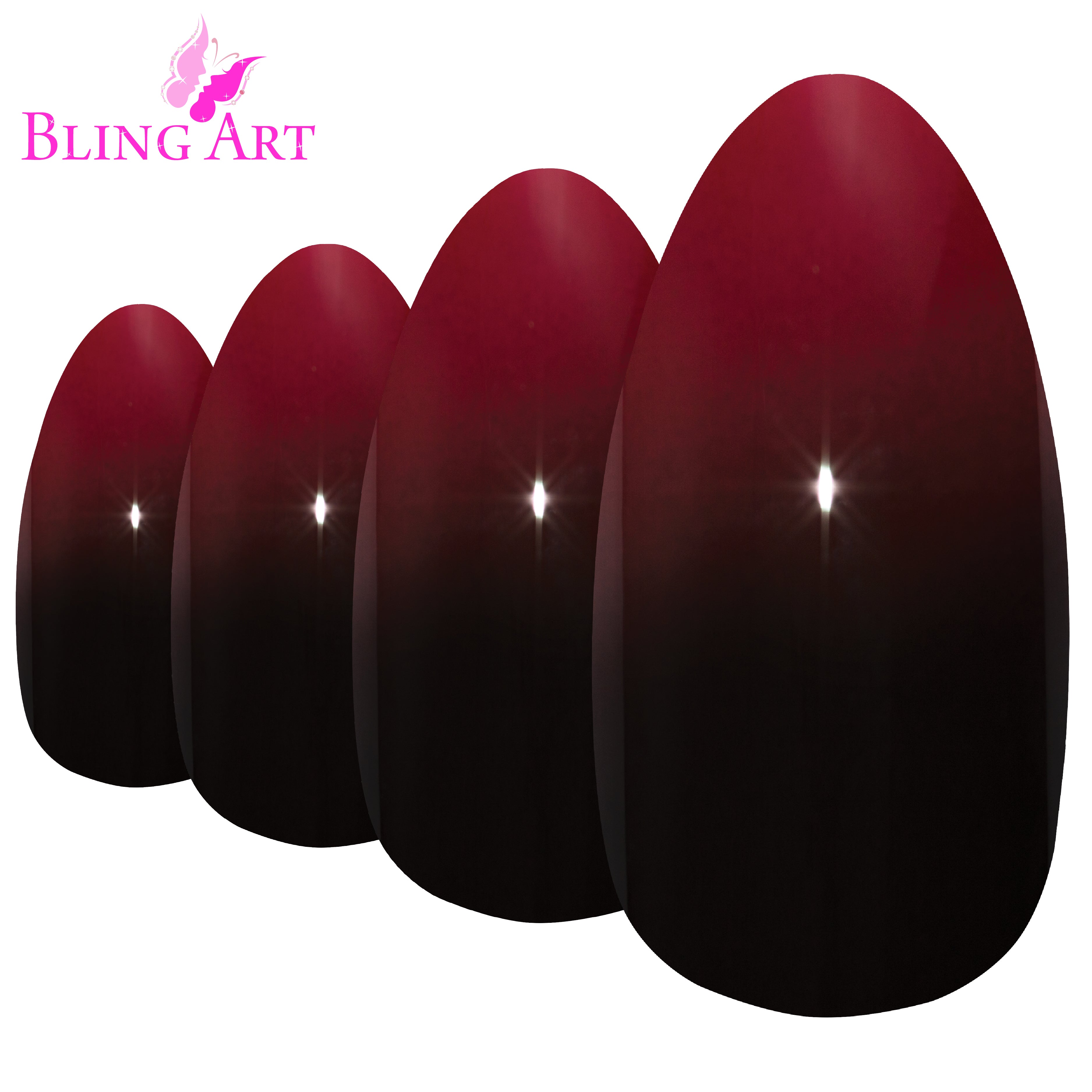 Red Black almond stiletto Bling Art press-on nails — worn-hand close-up showing the two-tone crimson and jet-black lacquer on long almond stiletto tips. Almond = Stiletto (same shape).