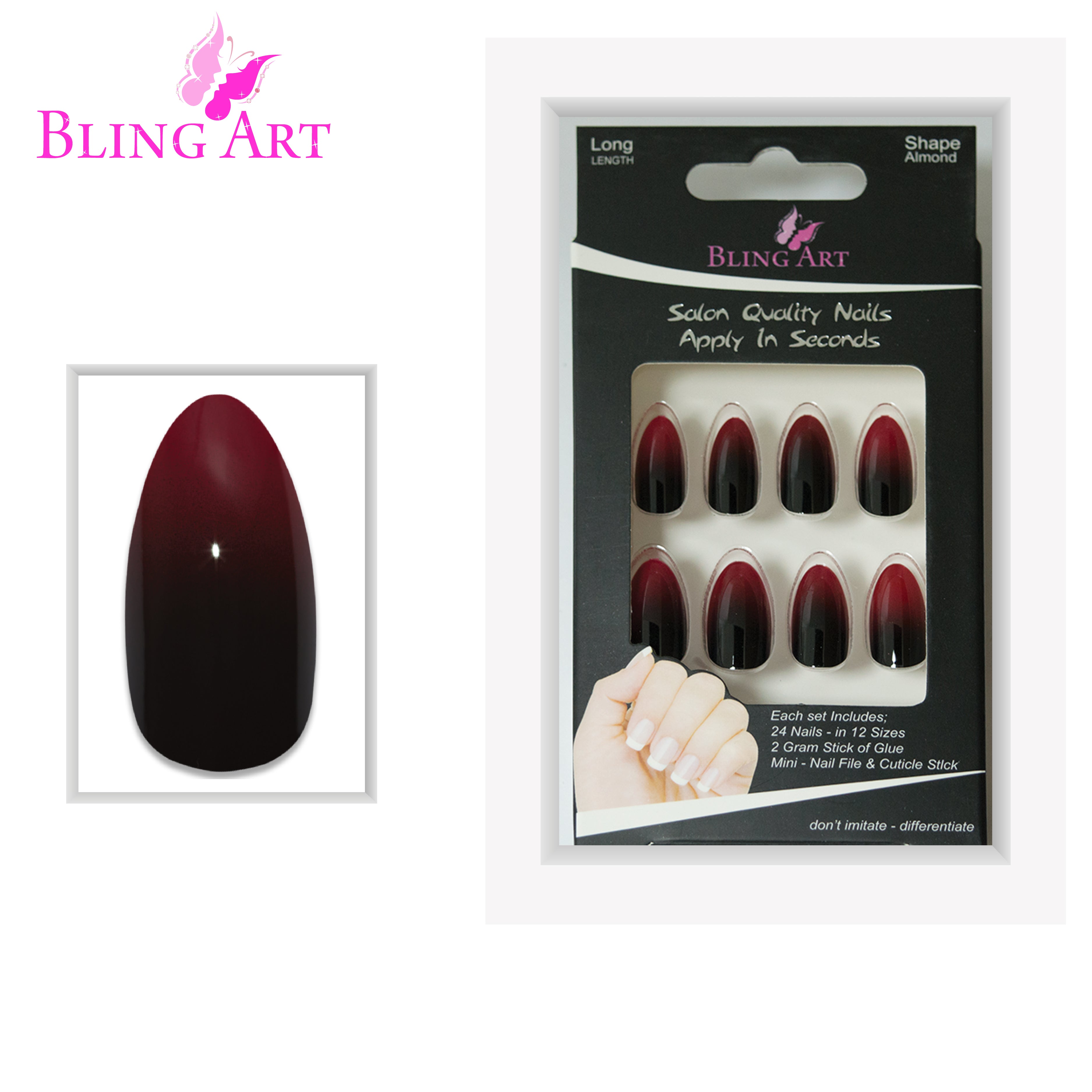 Red Black almond stiletto Bling Art press-on nails — lifestyle context shot showing the striking duo-tone crimson and black.
