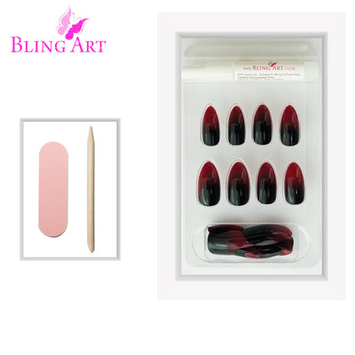 Two-tone crimson red and jet black almond stiletto long press-on false nails by Bling Art — bold rock-romantic statement for parties, date nights, and editorial events · smooth lacquered finish · long almond stiletto tips · 24 nails per set with adhesive · designed in Yorkshire