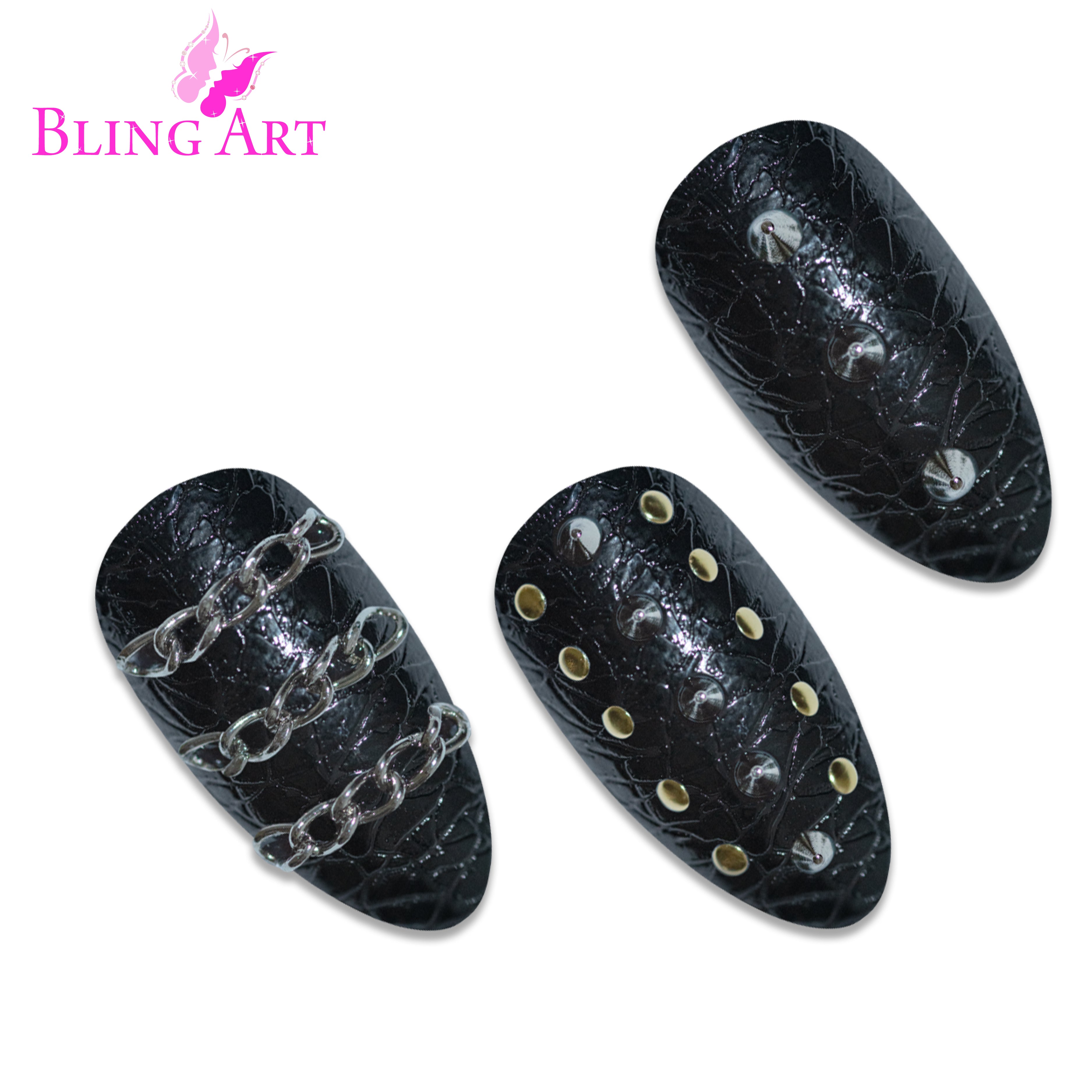 False Nails by Bling Art Black Punk Almond Stiletto Acrylic 24 Fake Long Tips