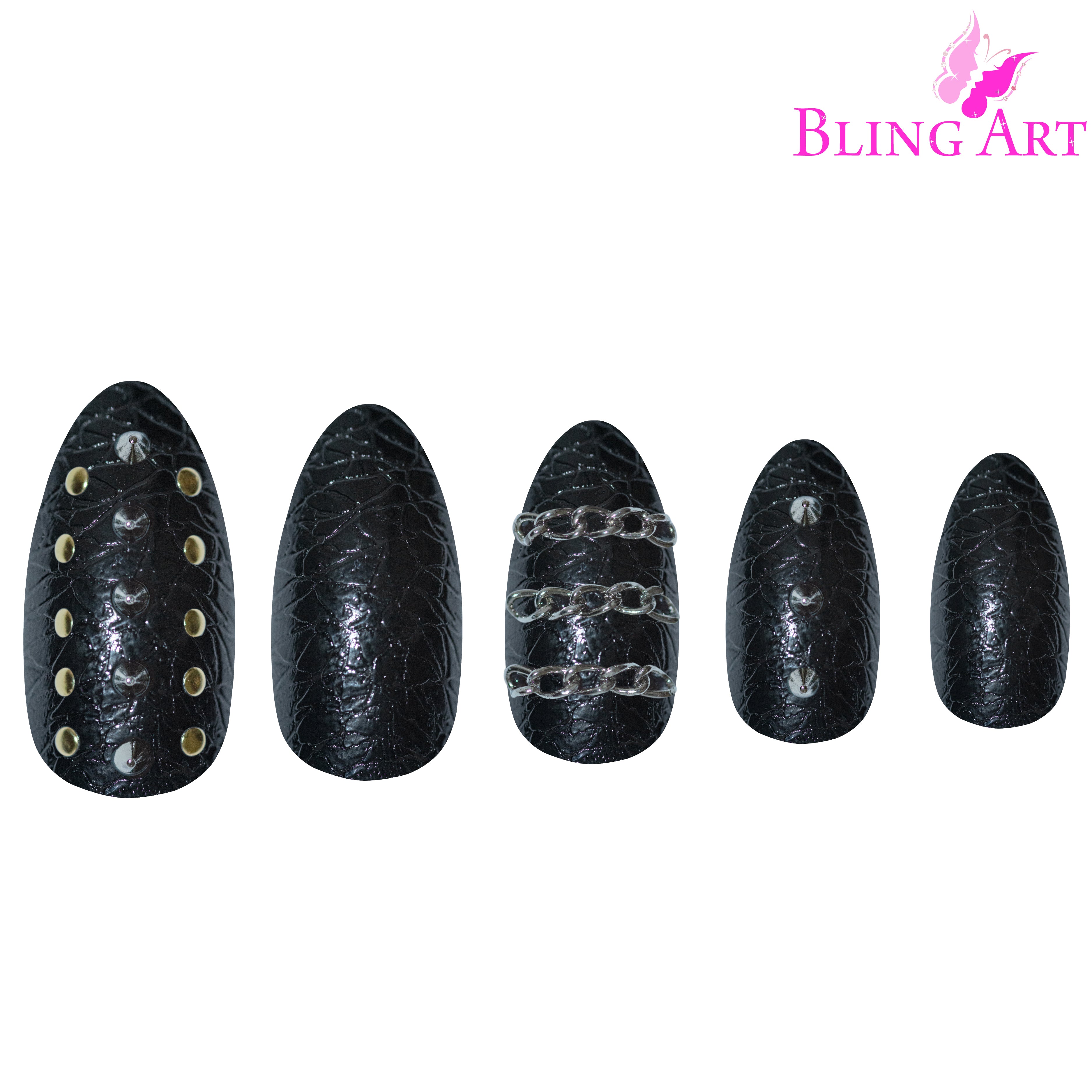 False Nails by Bling Art Black Punk Almond Stiletto Acrylic 24 Fake Long Tips