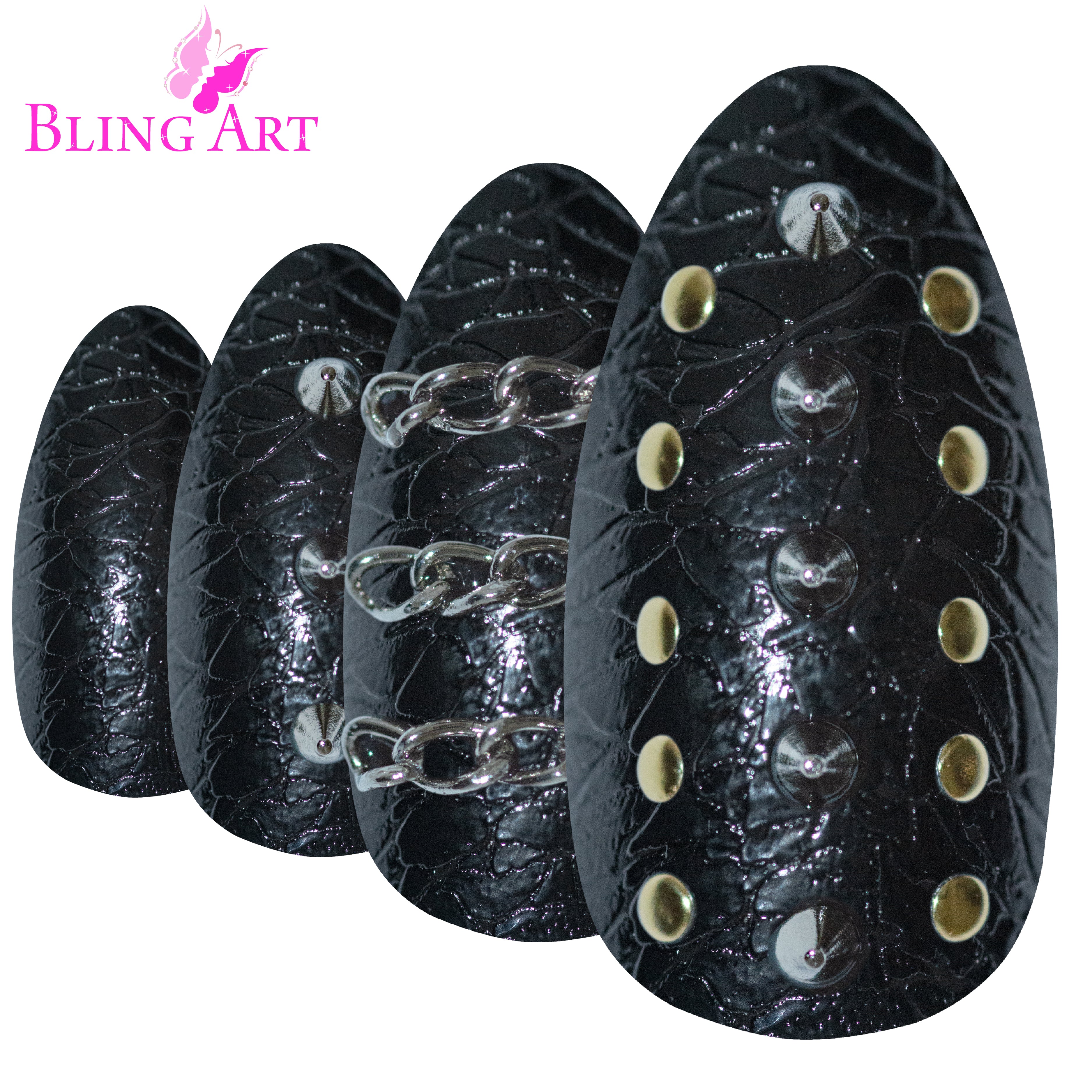 False Nails by Bling Art Black Punk Almond Stiletto Acrylic 24 Fake Long Tips