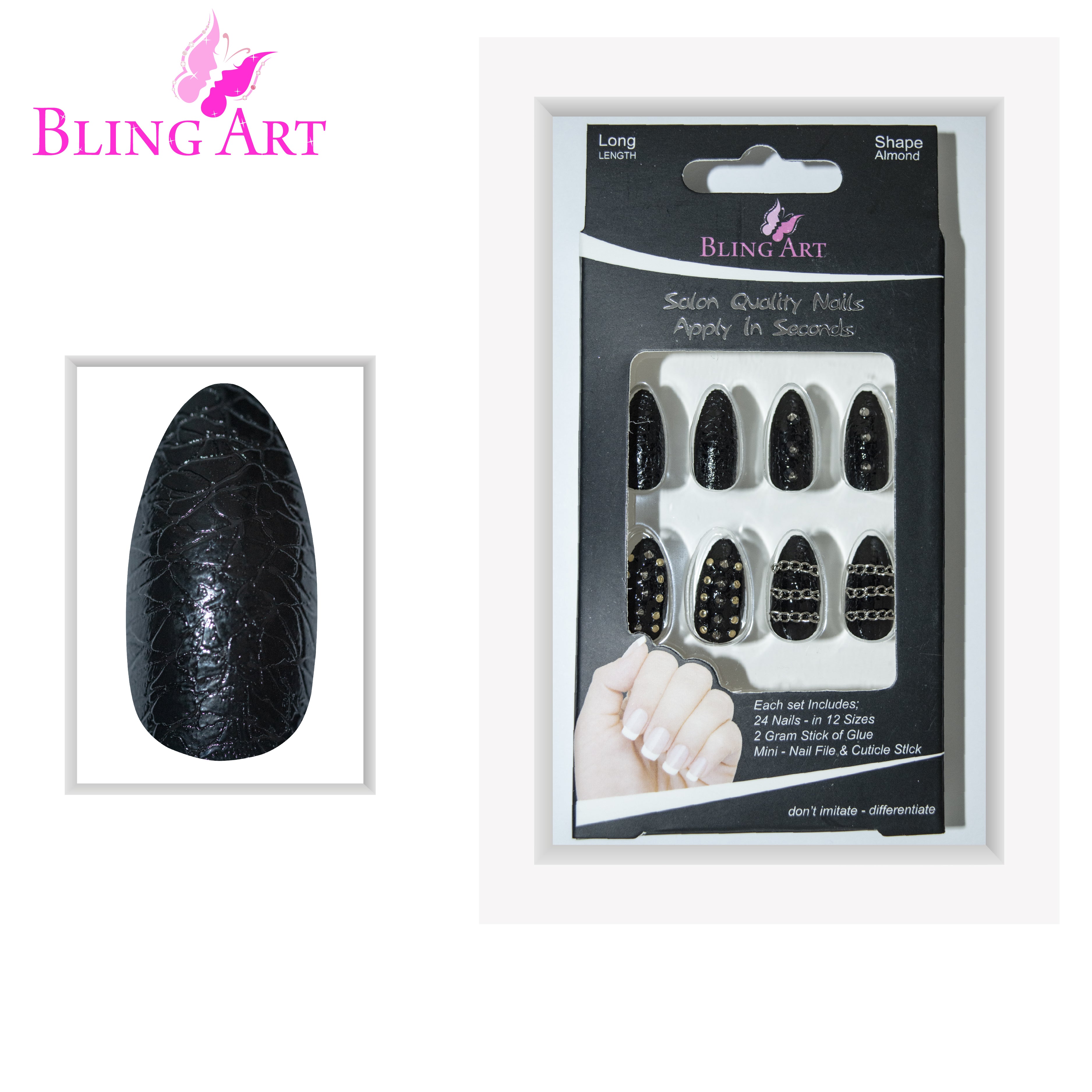 False Nails by Bling Art Black Punk Almond Stiletto Acrylic 24 Fake Long Tips