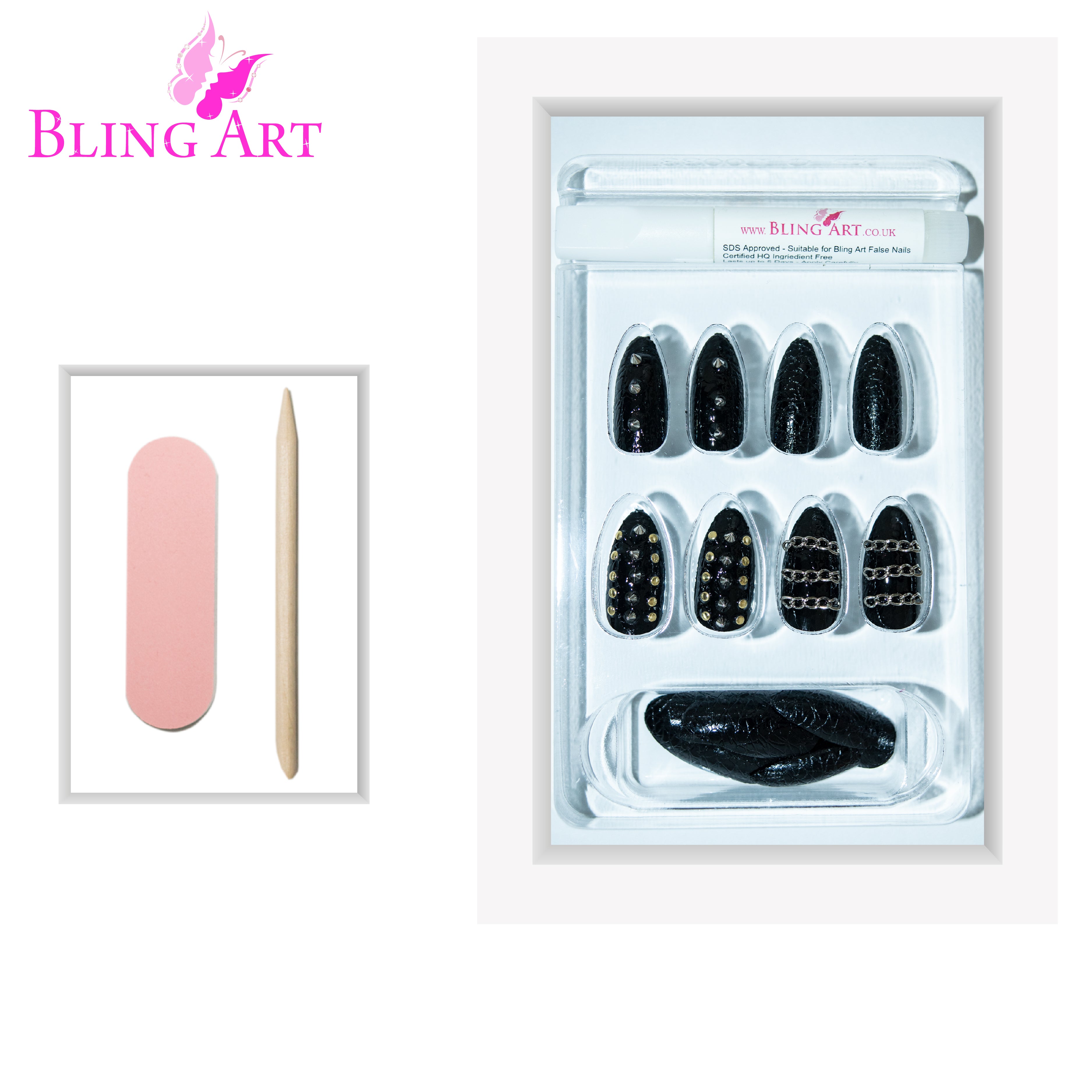 False Nails by Bling Art Black Punk Almond Stiletto Acrylic 24 Fake Long Tips