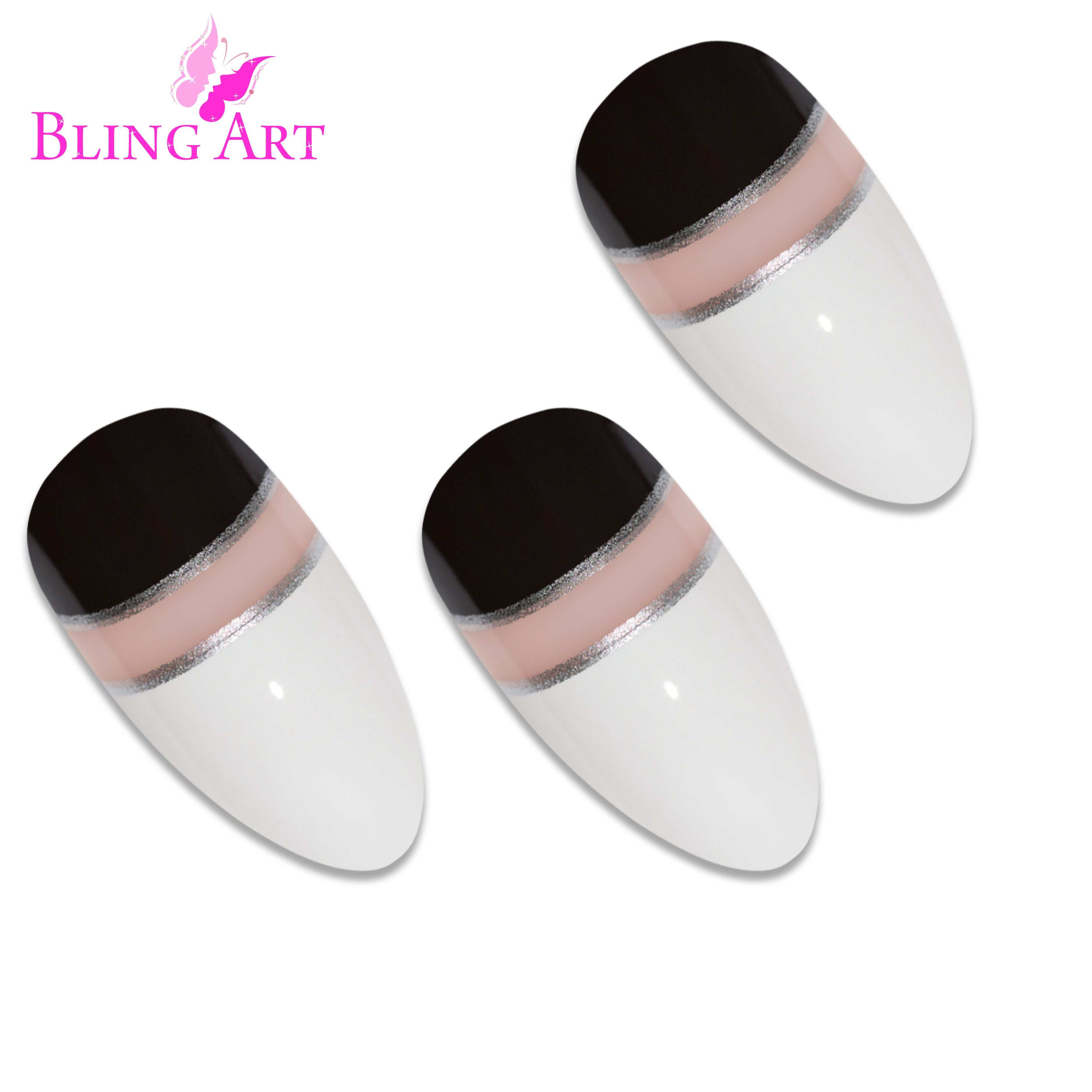 Black White glossy almond stiletto Bling Art press-on nails — worn-hand close-up showing the two-tone jet-black and pearl-white high-shine on long almond stiletto tips. Almond = Stiletto (same shape).