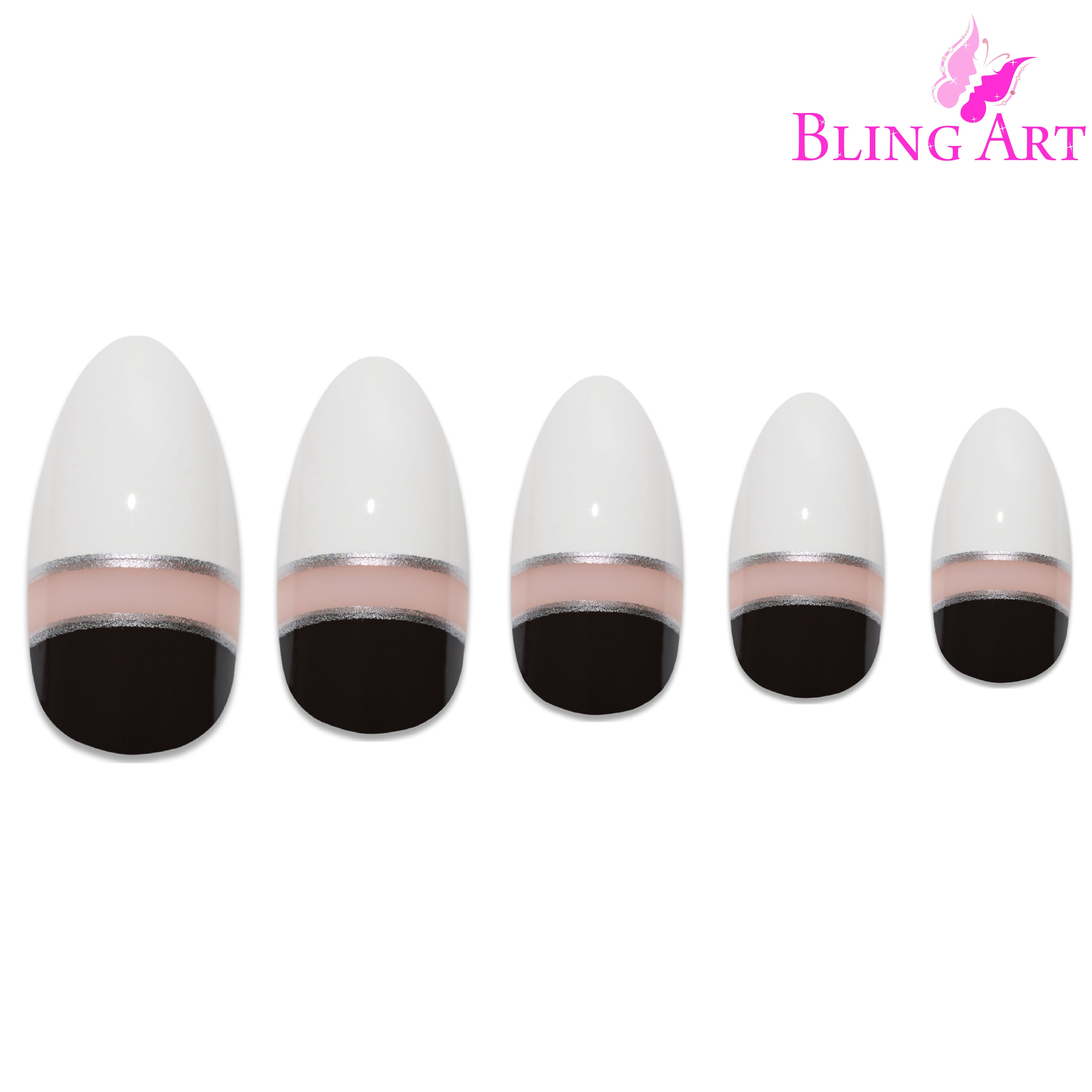 Black White glossy almond stiletto Bling Art press-on nails — alternative angle revealing the two-tone bond line on the long almond stiletto shape.