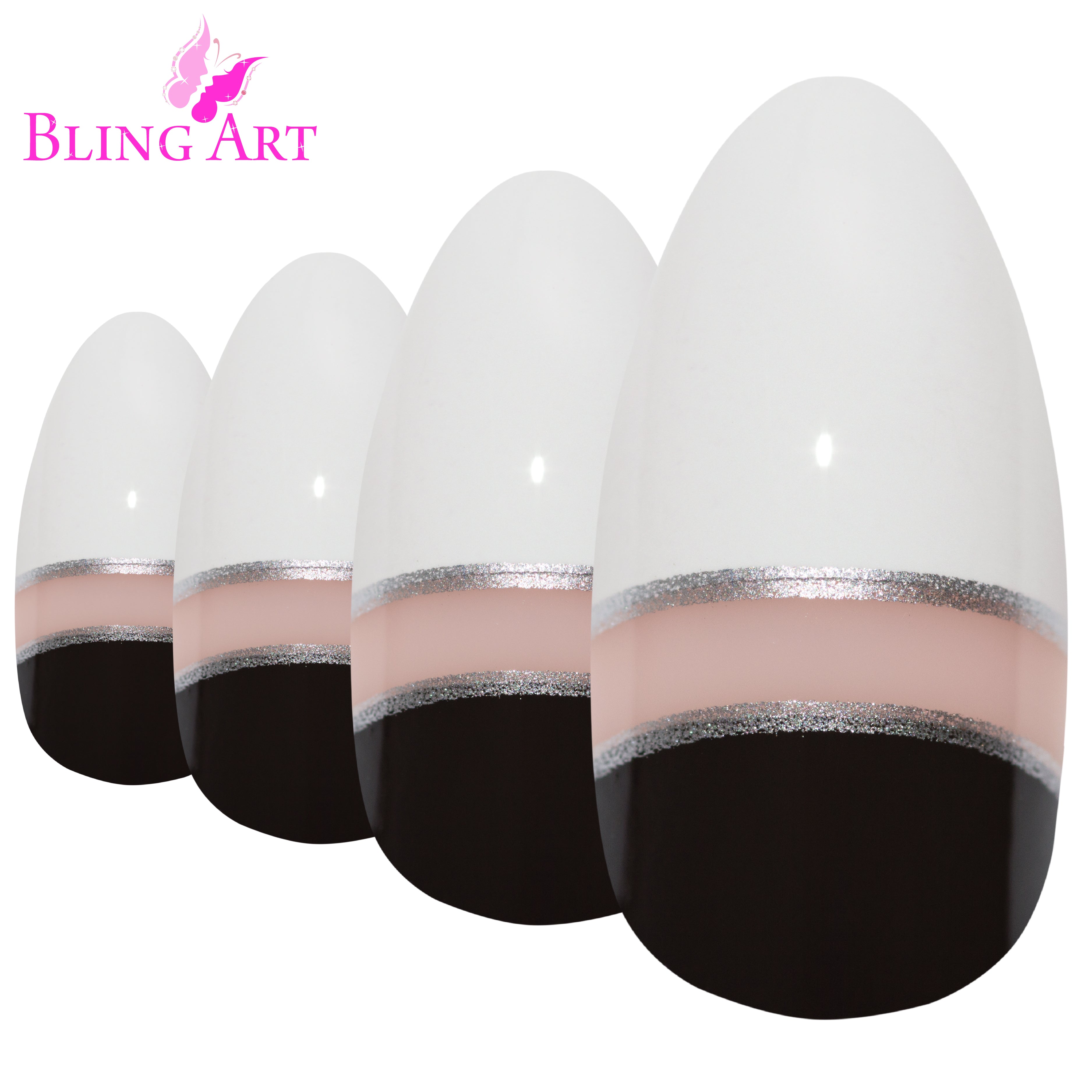 Bling Art Black White glossy almond stiletto press-on nail set packaging — 24 nails, 12 sizes XS-XXL, file and cuticle stick included. Glue not included.