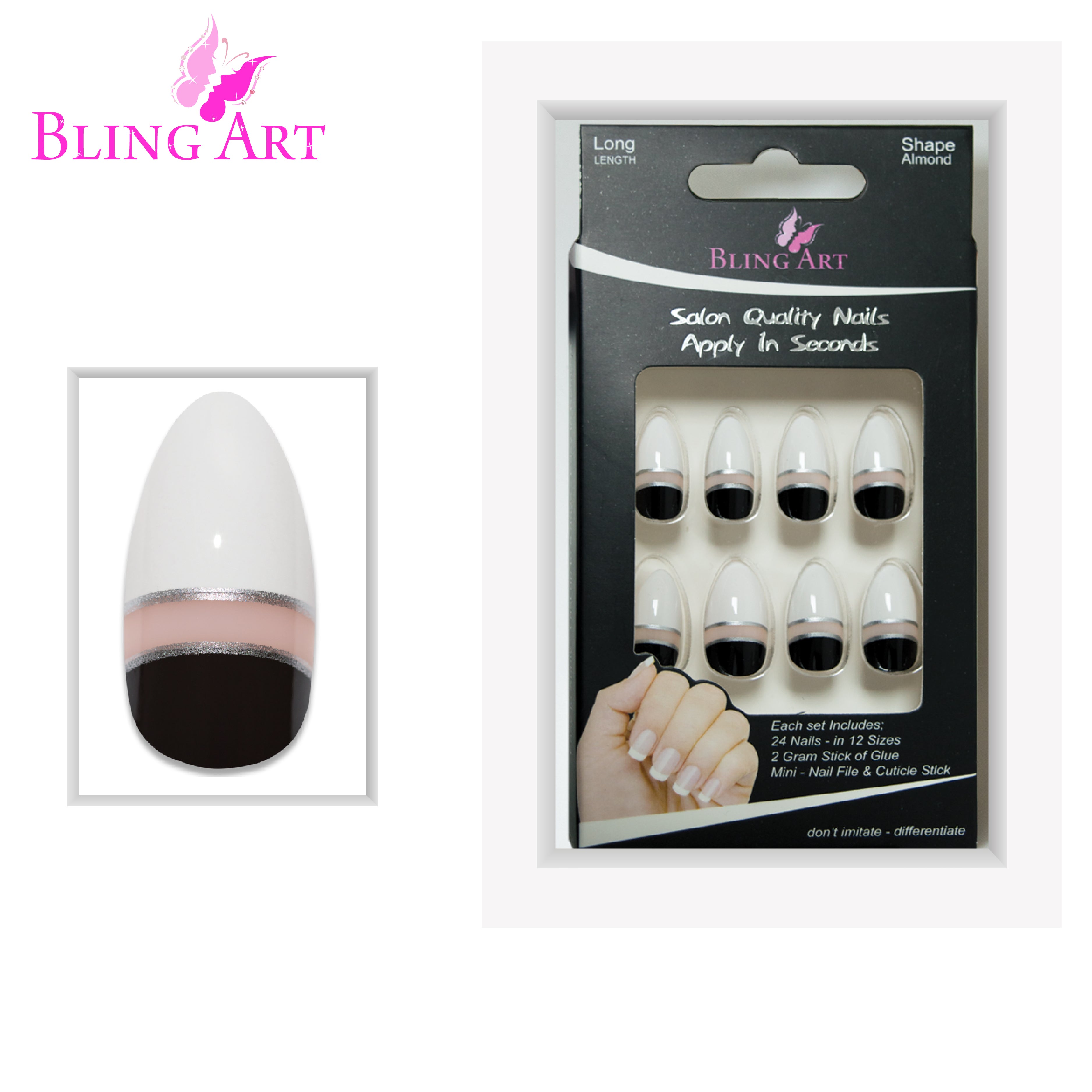 Black White glossy almond stiletto Bling Art press-on nails — full-hand reveal showing all 24 nails for parties and editorial events.