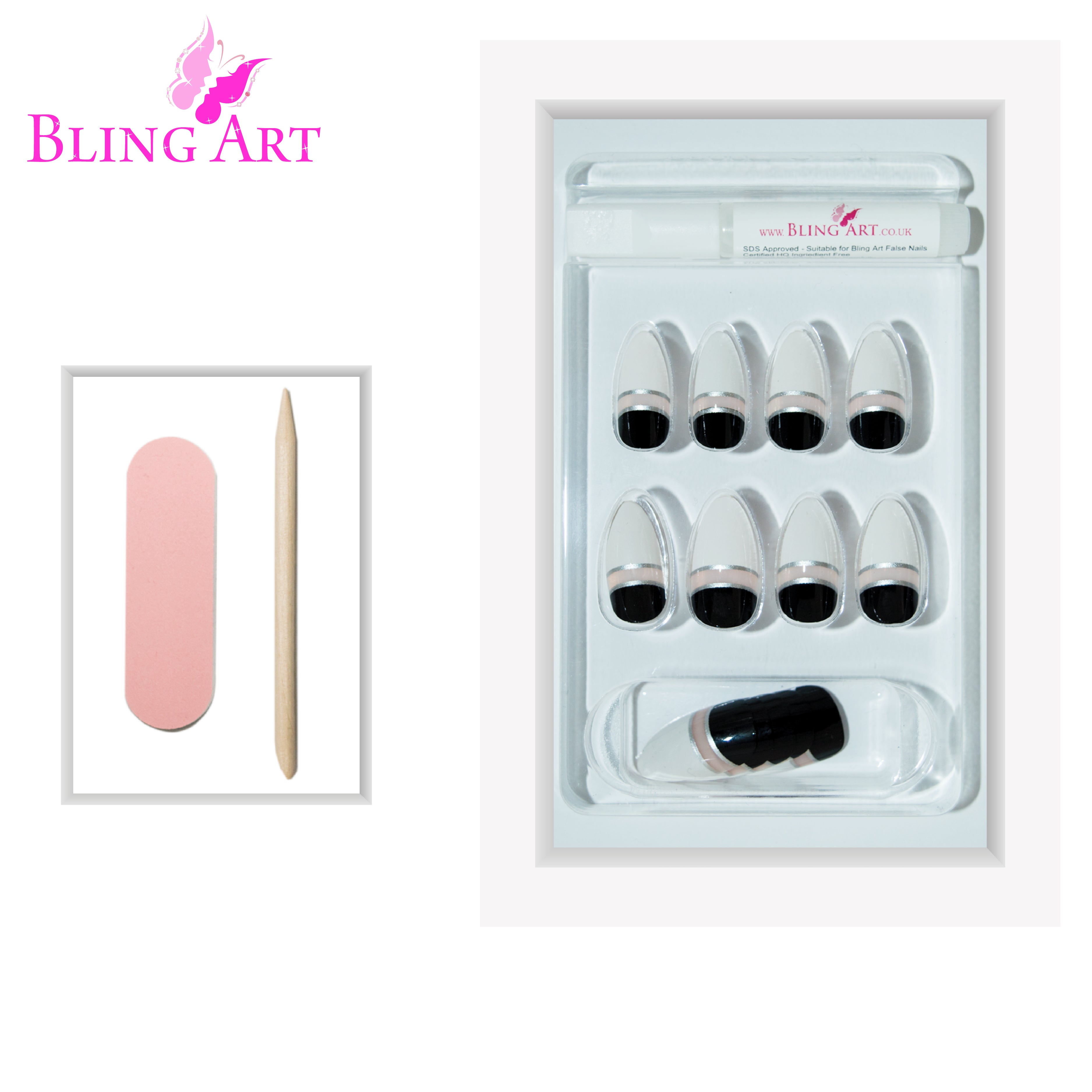 Black White glossy almond stiletto Bling Art press-on nails — lifestyle context shot showing the bold monochrome high-shine statement.