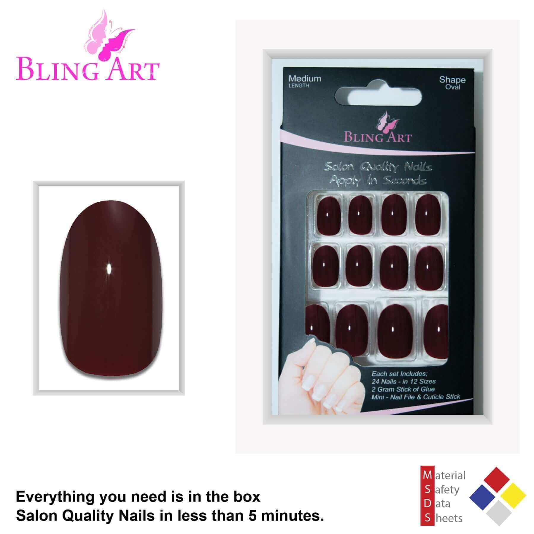 False Nails by Bling Art Red Brown Polished Oval Medium Fake Acrylic Nail Tips