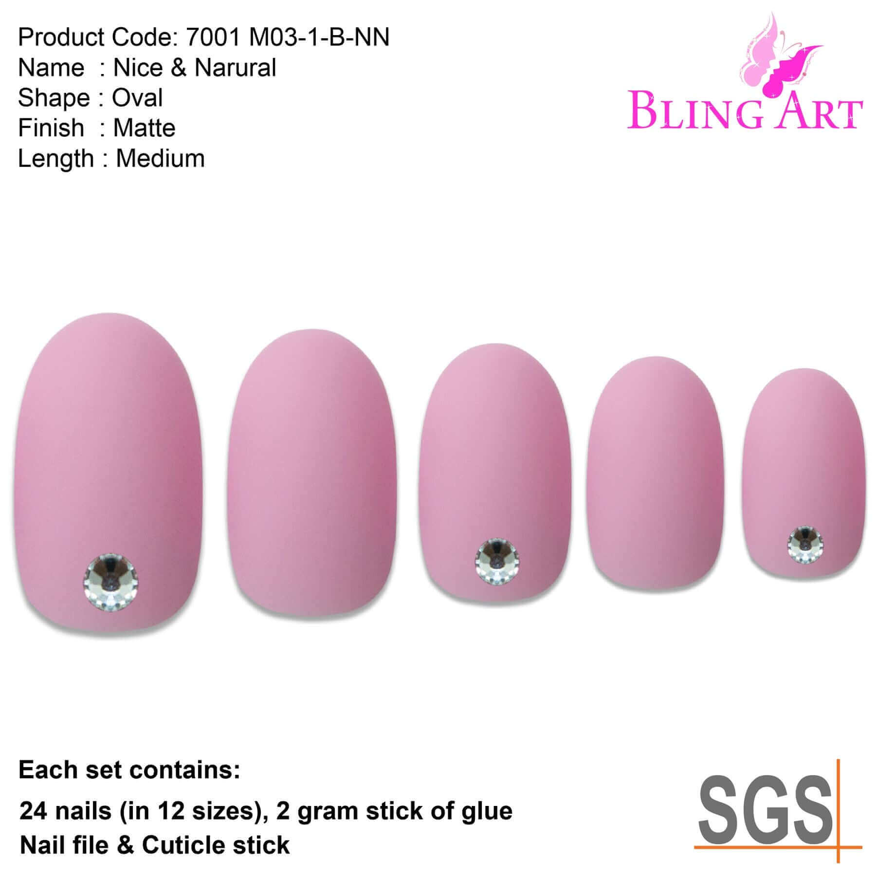 False Nails by Bling Art Pink Matte Oval Medium Fake Acrylic 24 Tips with Glue