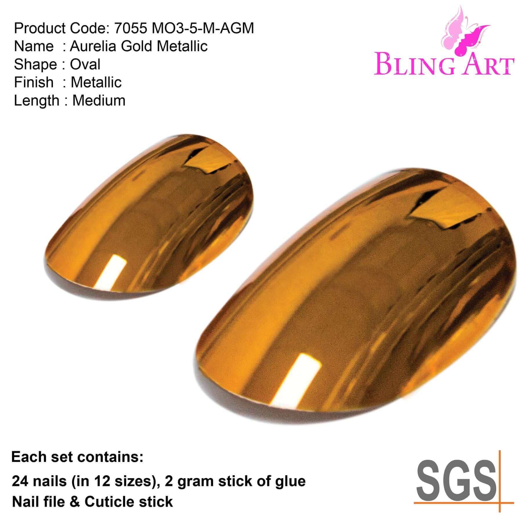 False Nails by Bling Art Gold Metallic Oval Medium Fake 24 Acrylic Nail Tips Glue
