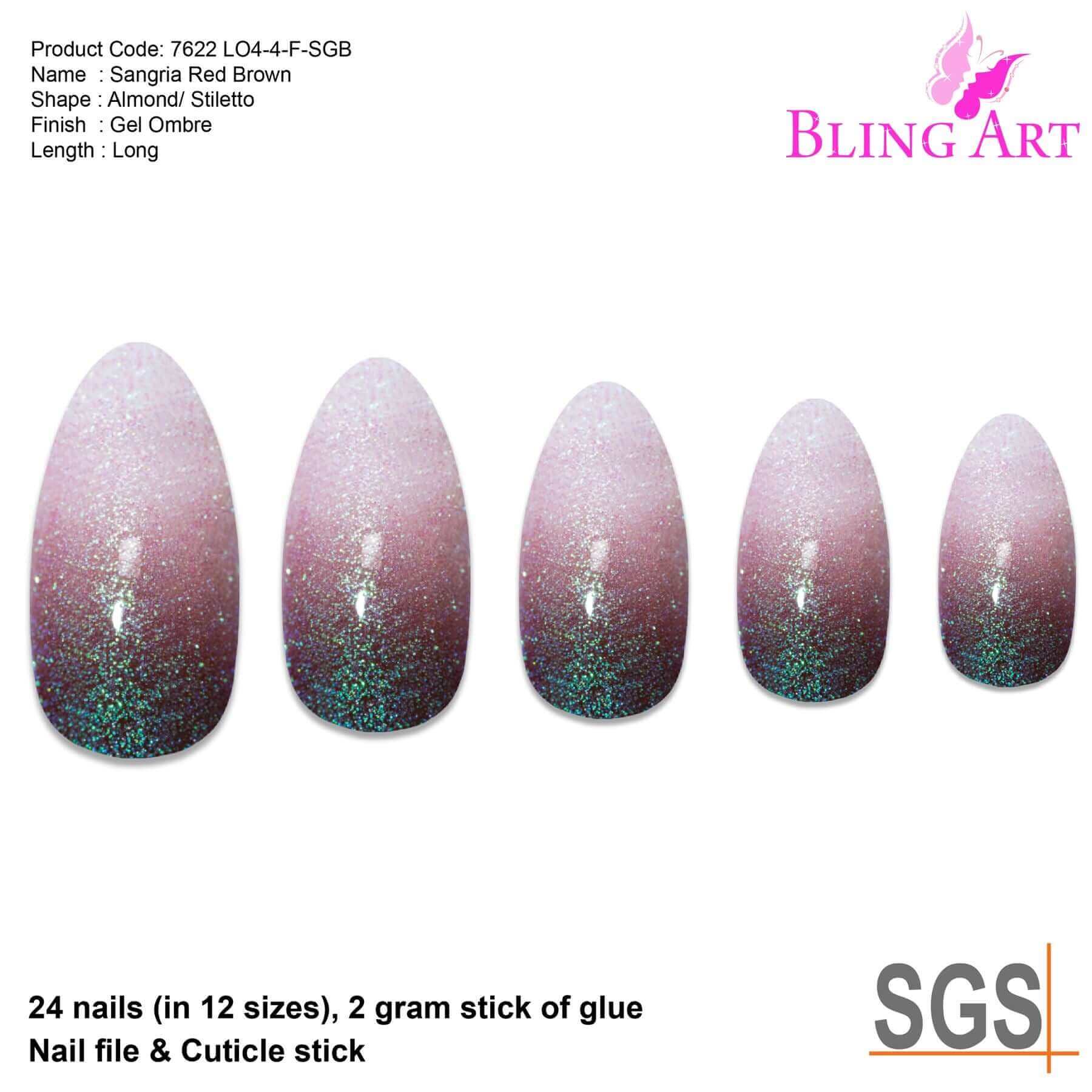 False Nails by Bling Art Red Brown Gel Ombre Almond Stiletto Long Fake Tips