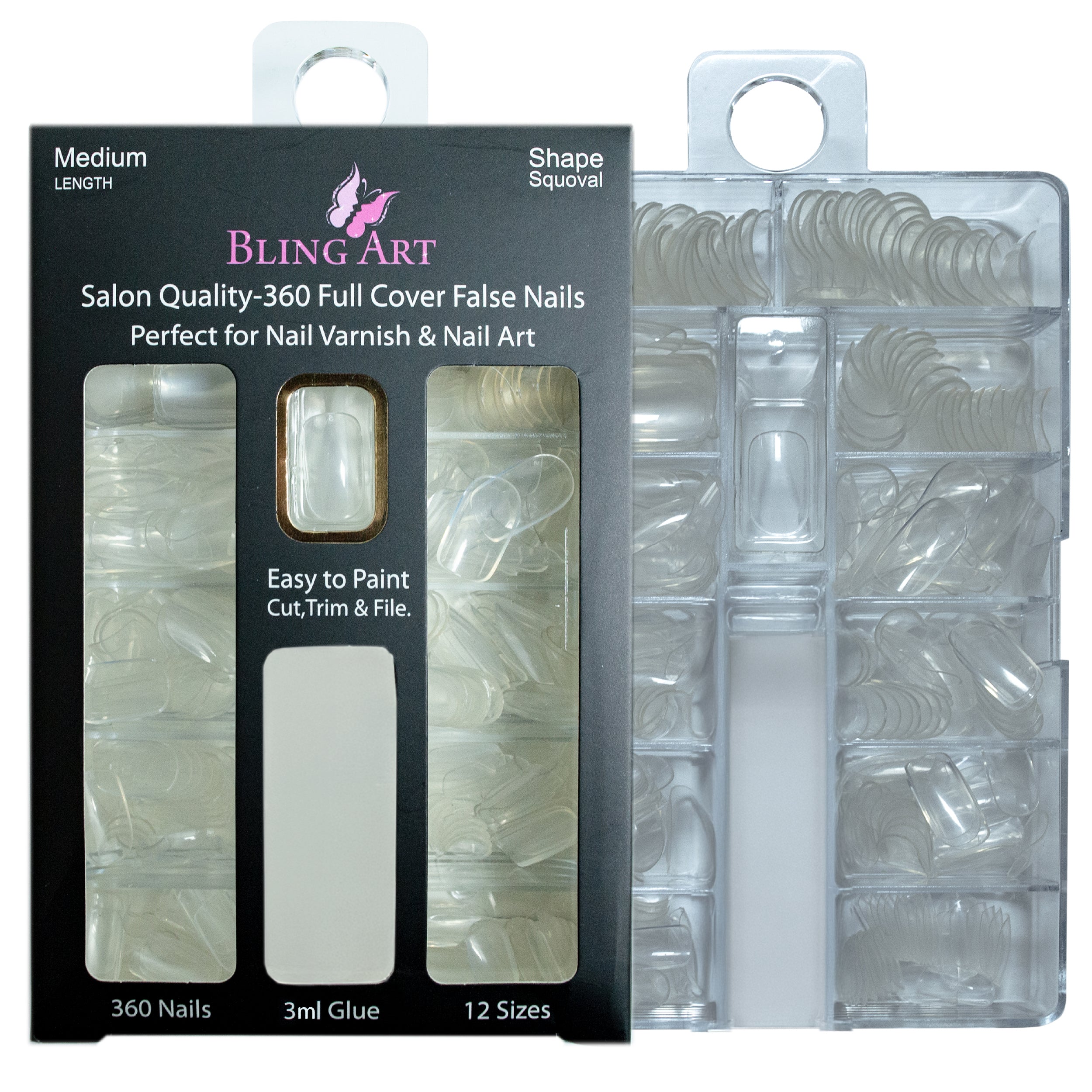Bling Art salon pack Squoval transparent tips — alternative angle revealing the tip profile and pack contents.