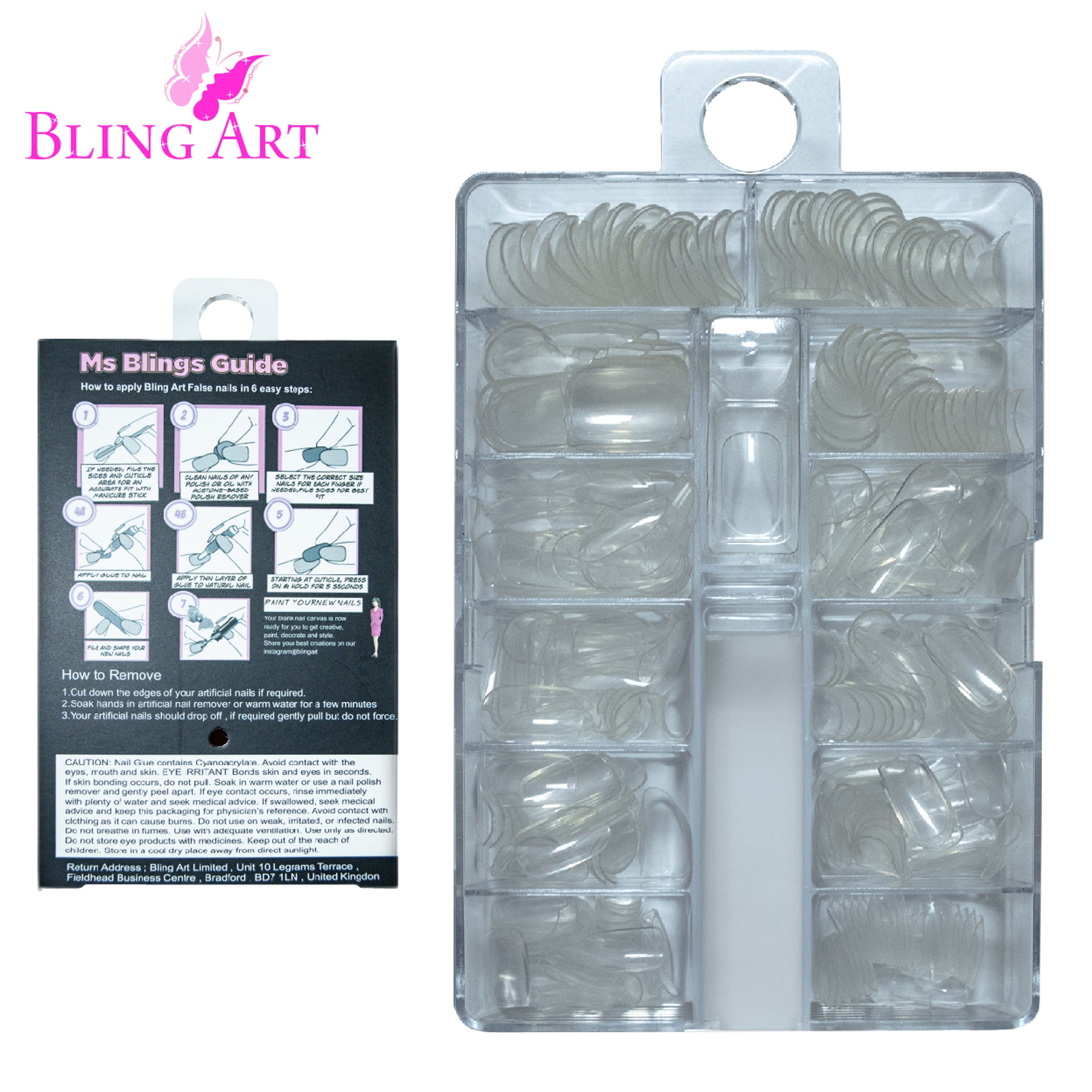Bling Art salon pack Squoval transparent tips — close-up showing the clear acrylic finish on long squoval tips for technician use.