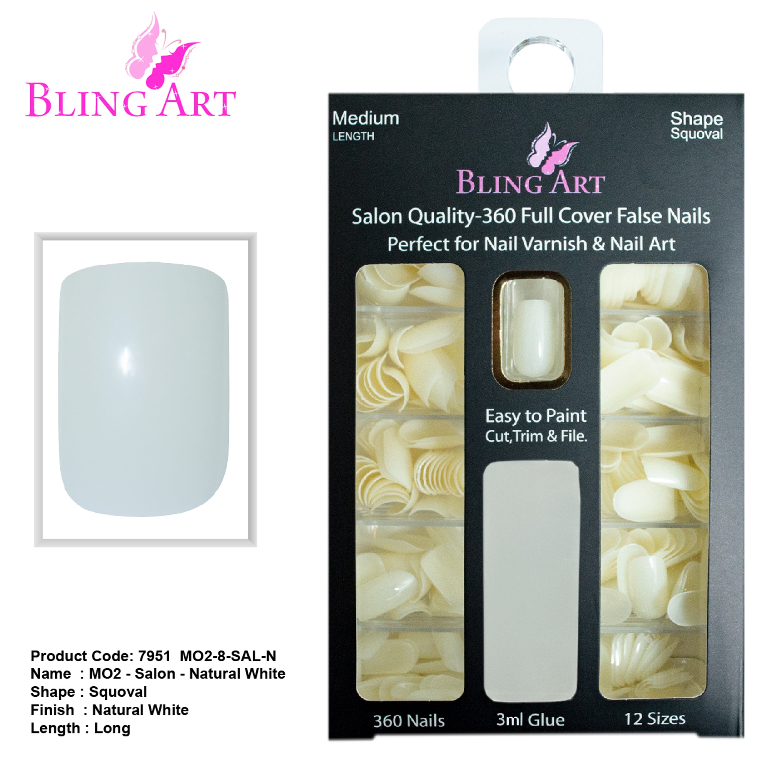Bling Art salon pack — 360 natural-tone acrylic squoval long nail tips for UK nail technicians, 10 sizes XS-XXL, bulk trade pricing, glue not included. Designed in Yorkshire.