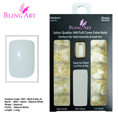 Bling Art salon pack — 360 natural-tone acrylic squoval long nail tips for UK nail technicians, 10 sizes XS-XXL, bulk trade pricing, glue not included. Designed in Yorkshire.