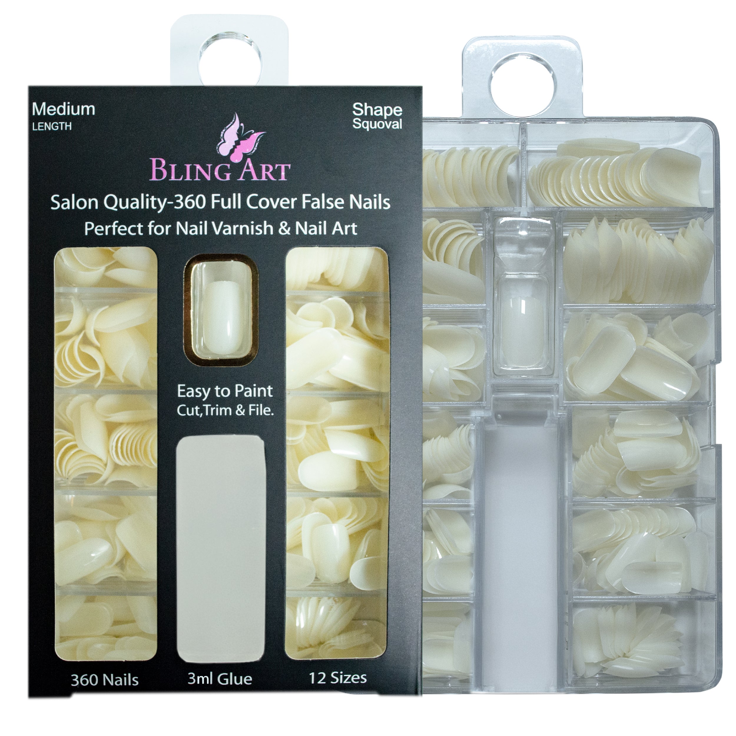 Bling Art salon pack squoval natural-tone tips — alternative angle revealing the tip range for technician use.
