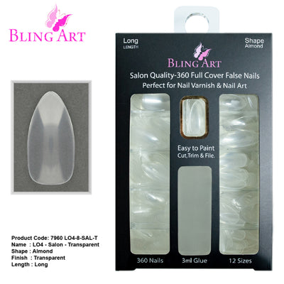 False Nails by Bling Art 360 Stiletto Almond Long Transparent Acrylic Fake Nail Tips without glue