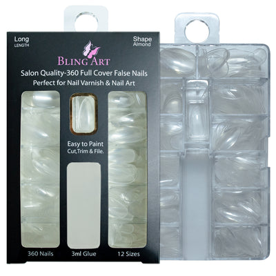 Transparent 360-degree stiletto almond long professional nail tips by Bling Art — full-flexibility blank canvas for nail technicians and custom design · clear acrylic finish ready for polish or decoration · long stiletto almond tips · 24-pack professional set · designed in Yorkshire