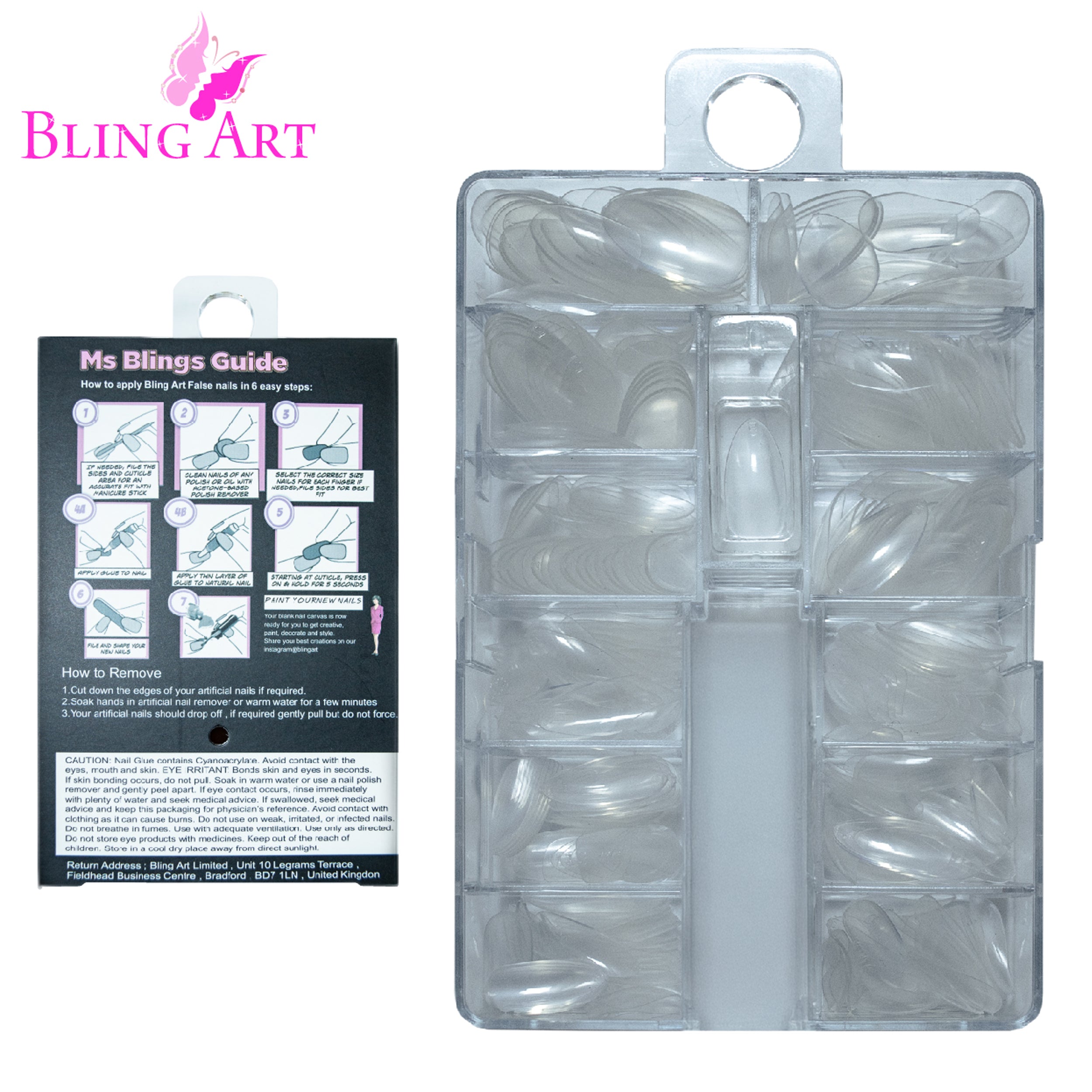 Bling Art salon pack stiletto almond transparent tips — full pack view showing 360 clear acrylic tips across 10 sizes XS-XXL.