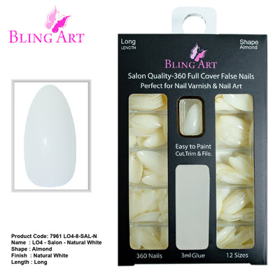 Bling Art salon pack — 360 natural-tone acrylic stiletto almond long nail tips for UK nail technicians, 10 sizes XS-XXL, bulk trade pricing, glue not included. Designed in Yorkshire. Almond = Stiletto (same shape).