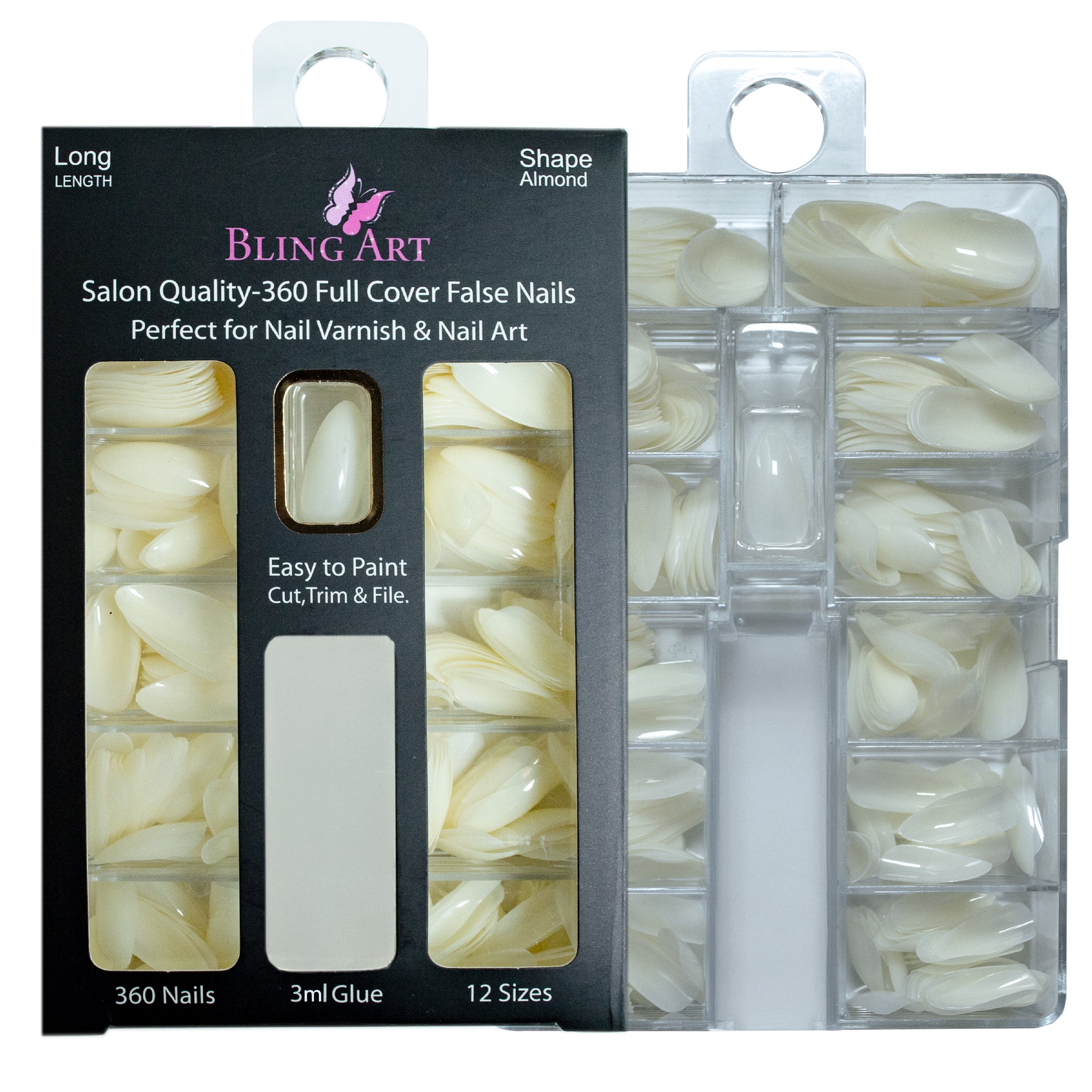 Bling Art salon pack stiletto almond natural-tone tips — alternative angle revealing the long pointed tip profile.