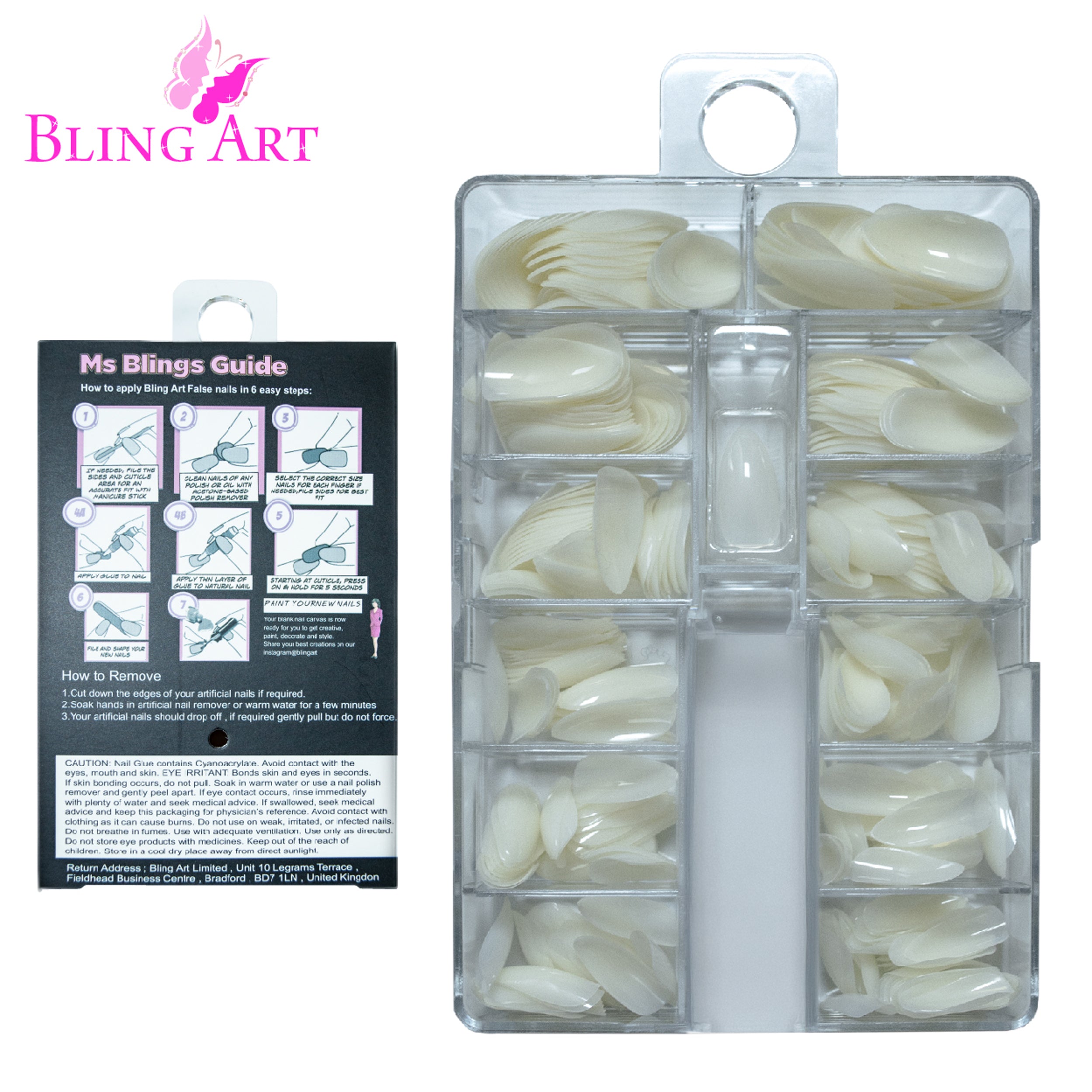 Bling Art salon pack stiletto almond natural-tone tips — lifestyle context shot of the bulk trade pack.