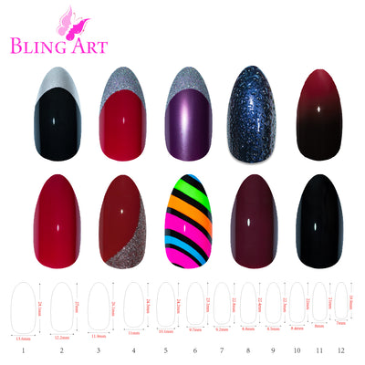 Bling Art salon pack — 360 natural-tone acrylic stiletto almond long nail tips for UK nail technicians, 10 sizes XS-XXL, bulk trade pricing, glue not included. Designed in Yorkshire. Almond = Stiletto (same shape).