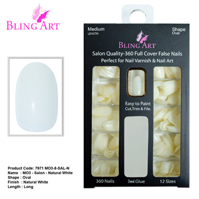 Bling Art salon pack — 360 natural-tone acrylic oval medium nail tips for UK nail technicians, 10 sizes XS-XXL, bulk trade pricing, glue not included. Designed in Yorkshire.
