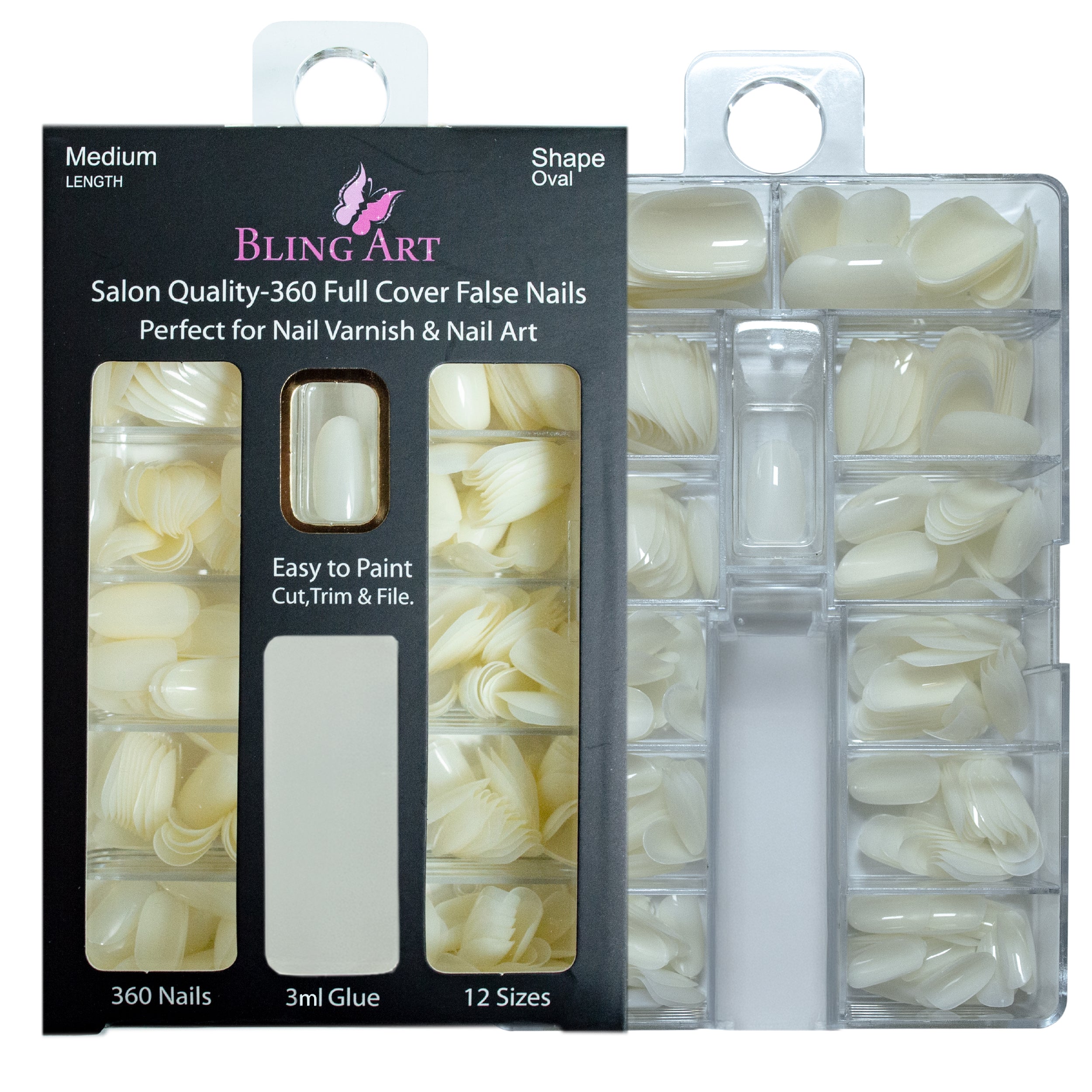 Bling Art salon pack oval natural-tone tips — alternative angle revealing the oval tip profile for technician use.