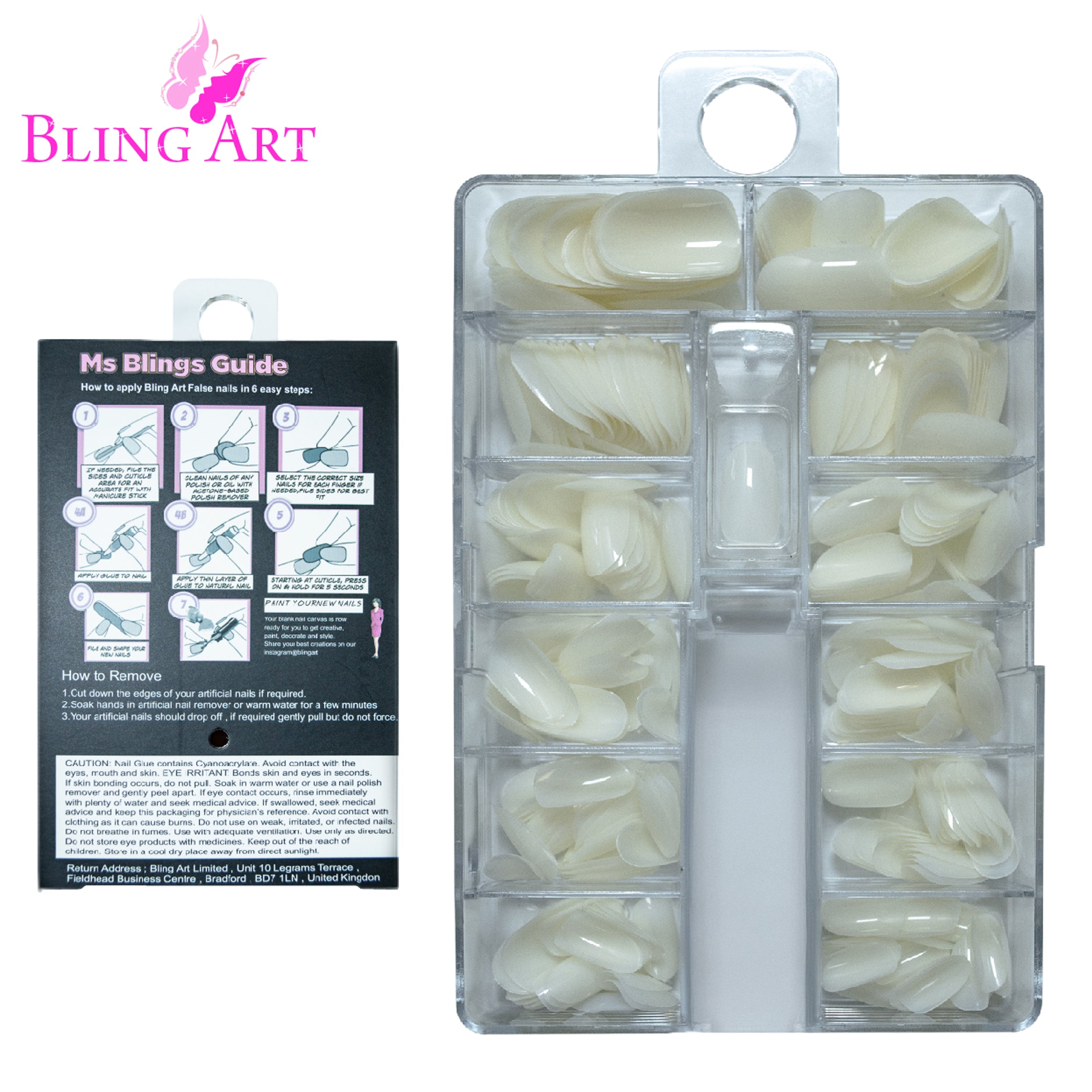 Bling Art salon pack oval natural-tone tips — lifestyle context shot of the bulk trade pack.