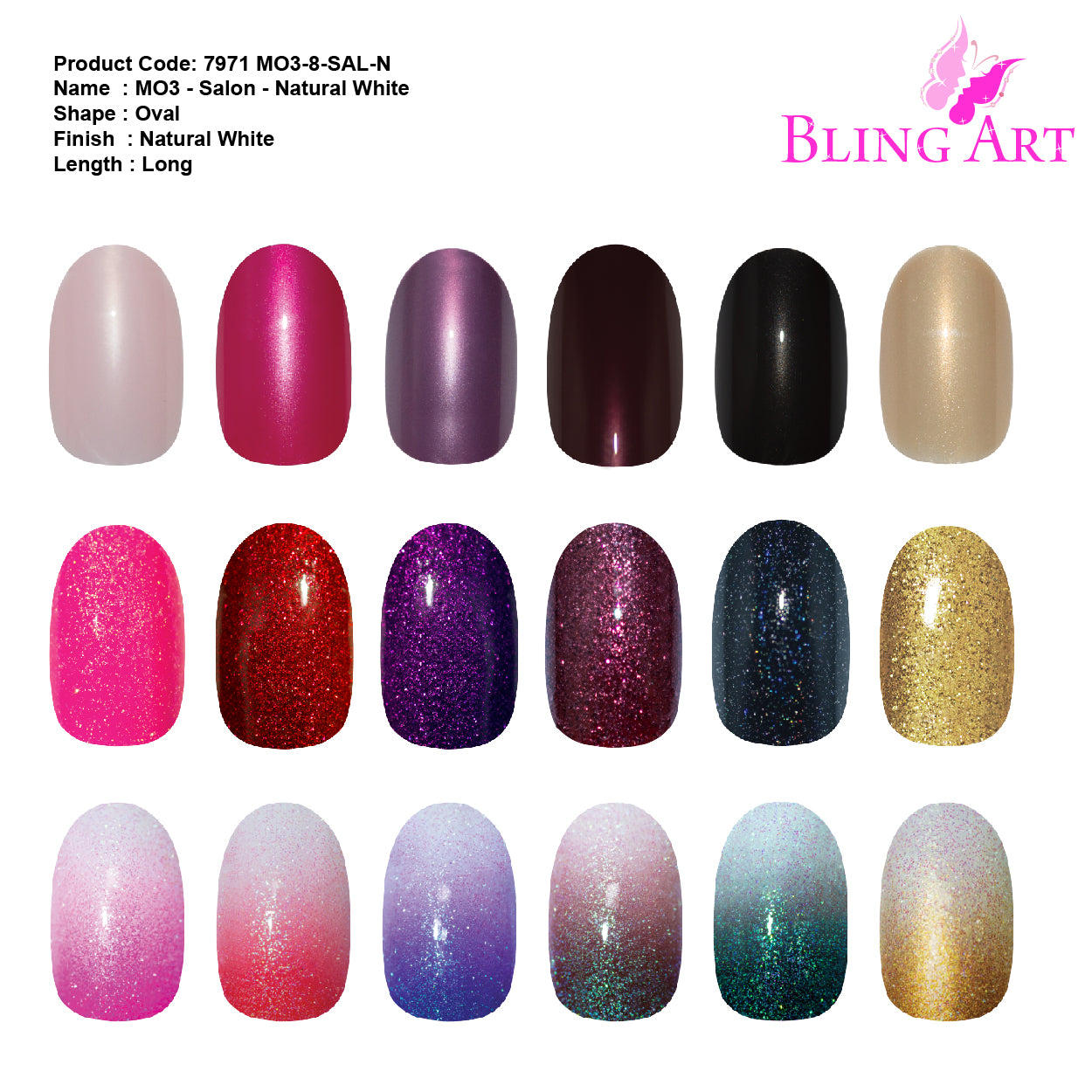 Bling Art salon pack oval natural-tone tips — full pack view showing 360 acrylic tips across 10 sizes XS-XXL.