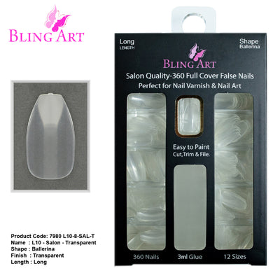 False Nails by Bling Art 360 Coffin Ballerina Long Transparent Acrylic Fake Nail Tips without glue